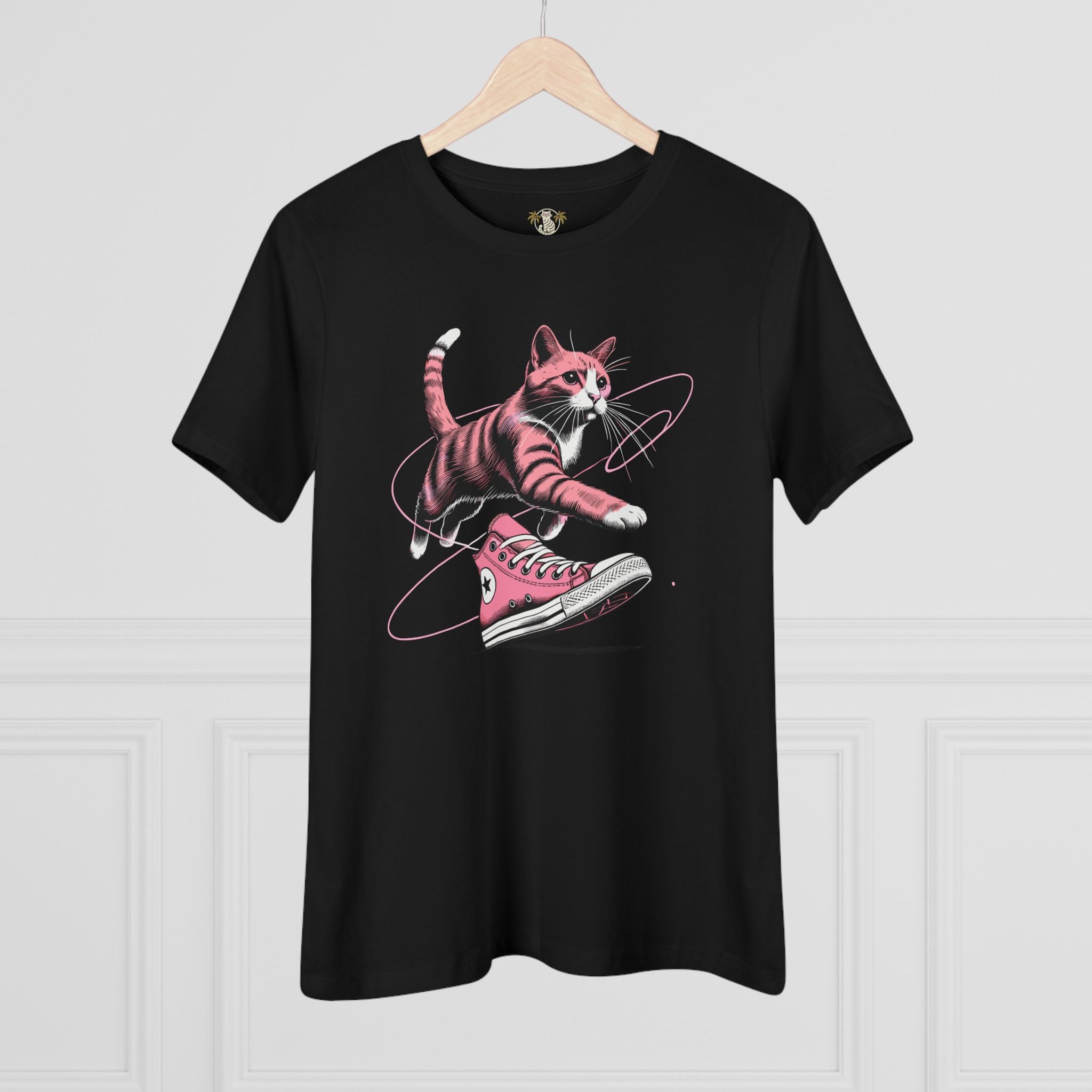 Catverse Apex Kick Cat Graphic Women's T-Shirt in black, on a hanger