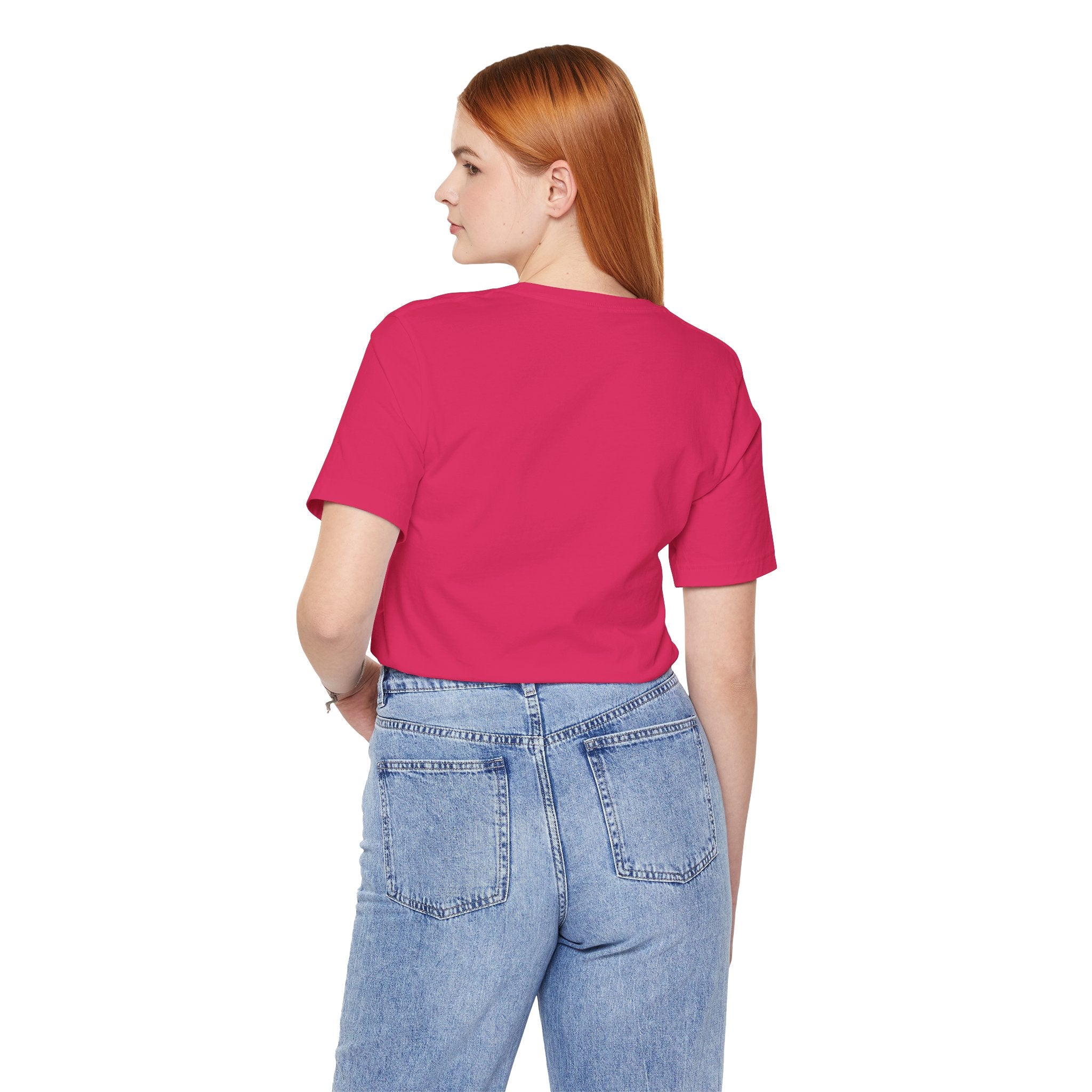 Catverse Knockout Cat Graphic Parody T-Shirt in fuchsia, back view on a female model