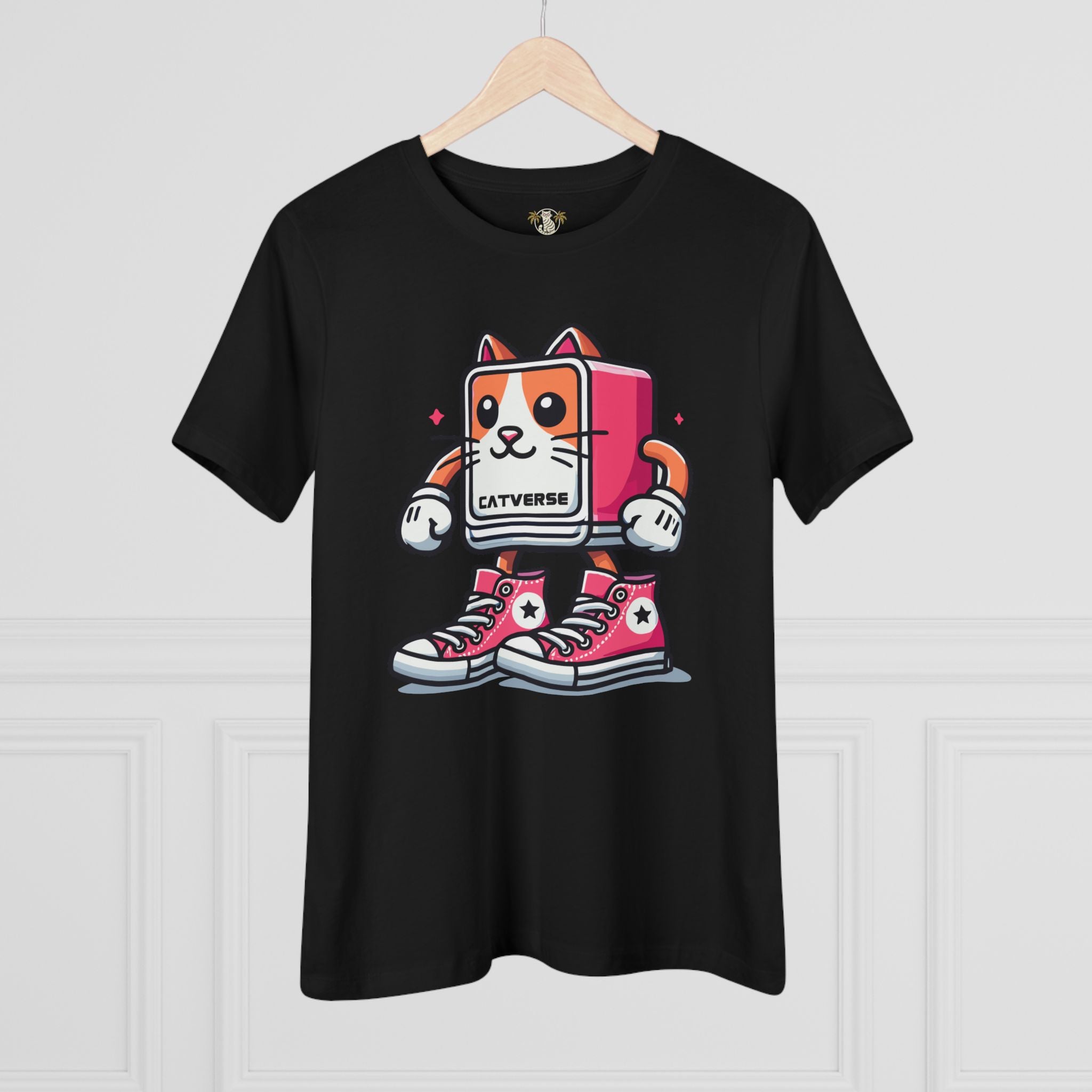 Catverse Pinkbot Cat Graphic Women's T-Shirt in black, on a hanger