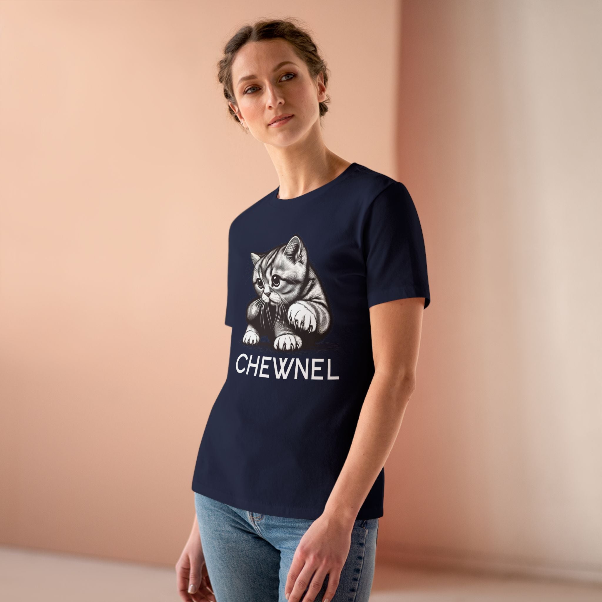 Chewnel Haute Cat-ture Graphic Women's T-Shirt in navy, worn by a female model