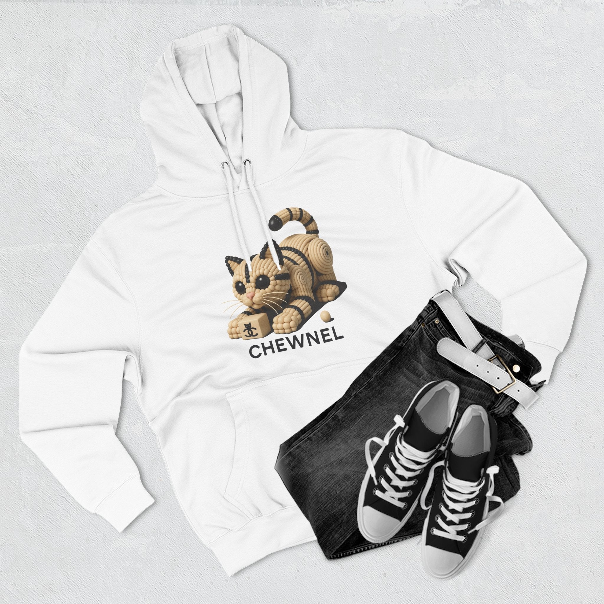 Chewnel Luxury In Pieces Cat Graphic Hoodie in white, flat lay