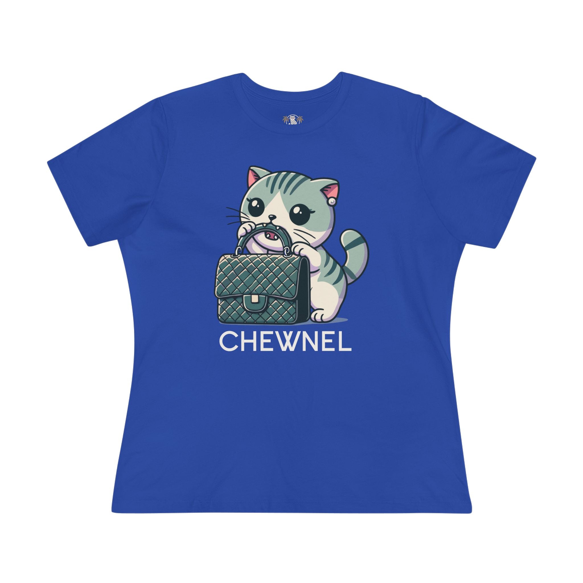 Chewnel Purse Snatcher Cat Graphic Women's T-Shirt in true royal, front view