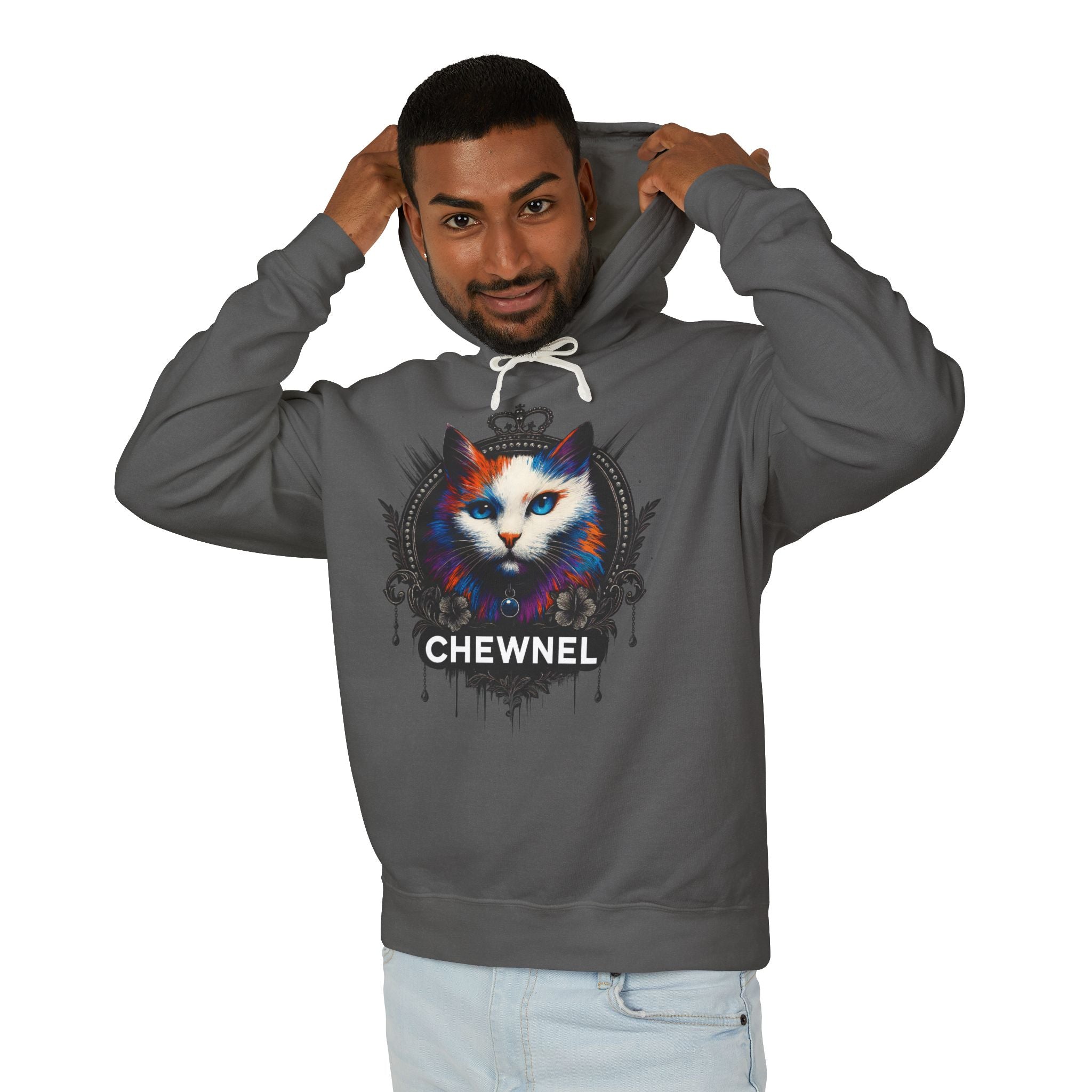 Chewnel Royal Baroque Cat Graphic Hoodie in pepper, worn by a male model