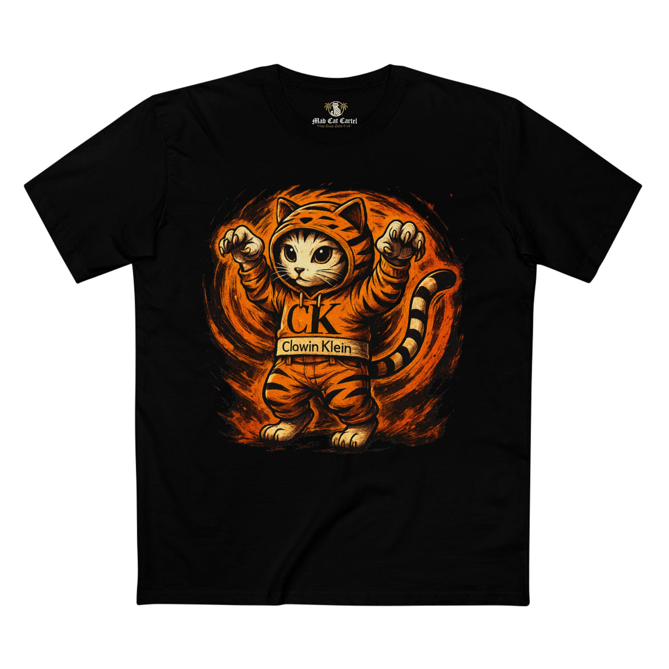 Clawin Klein Tiger Mode parody black t shirt, graphic cat on a shirt design