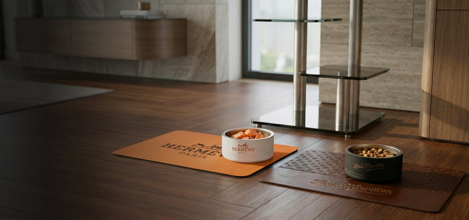 Two designer cat feeding bowls on branded mats in a modern kitchen