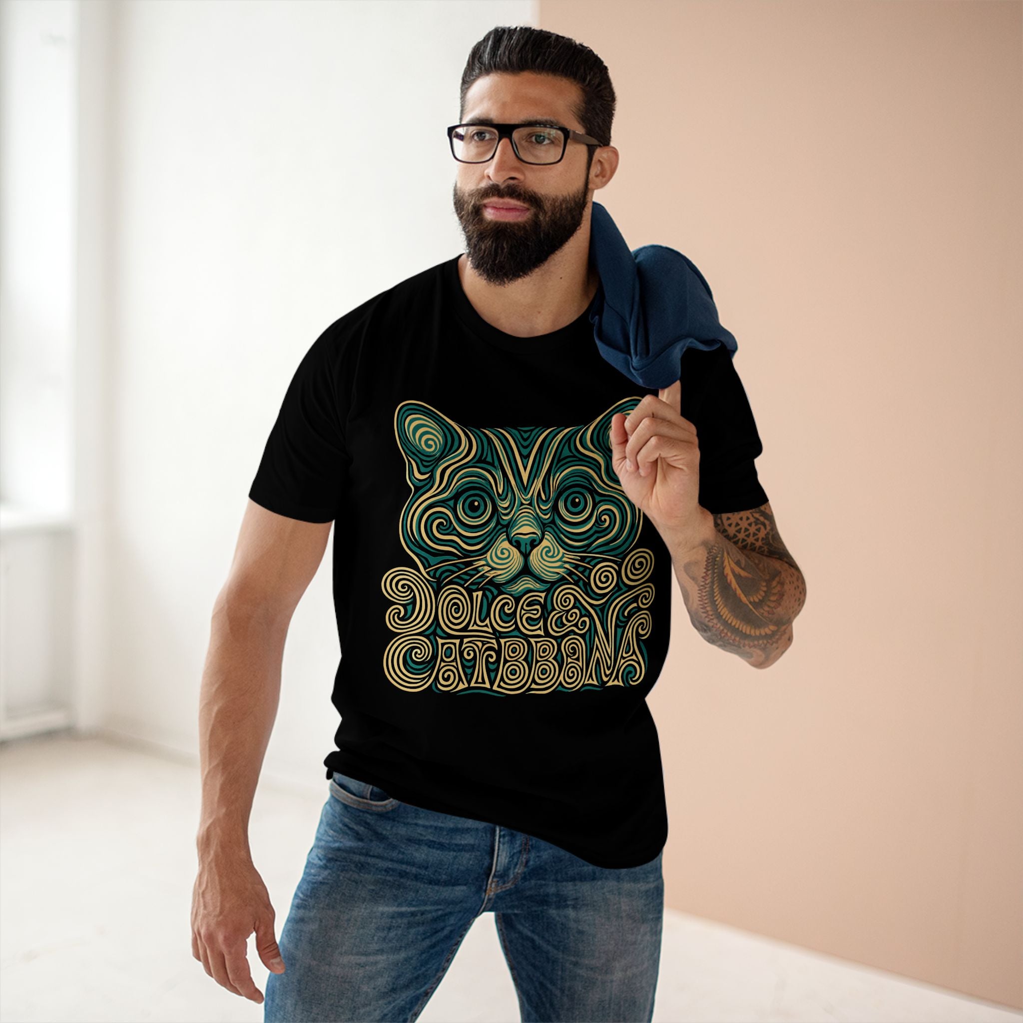 Dolce & Catbbana Psychedelic Cat Graphic T-Shirt in black, worn by a male model