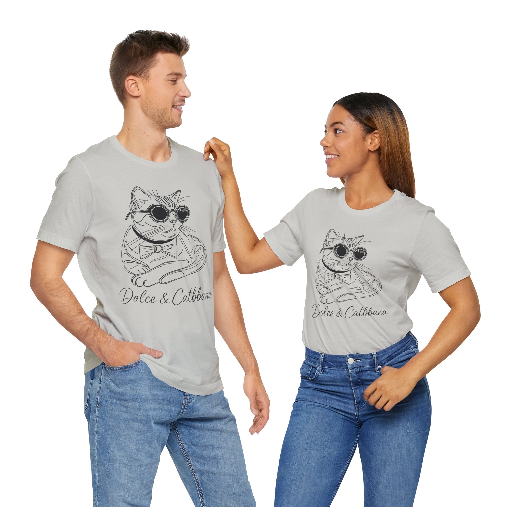 Dolce & Catbbana Signature Sketch T-Shirt in silver, worn by two models