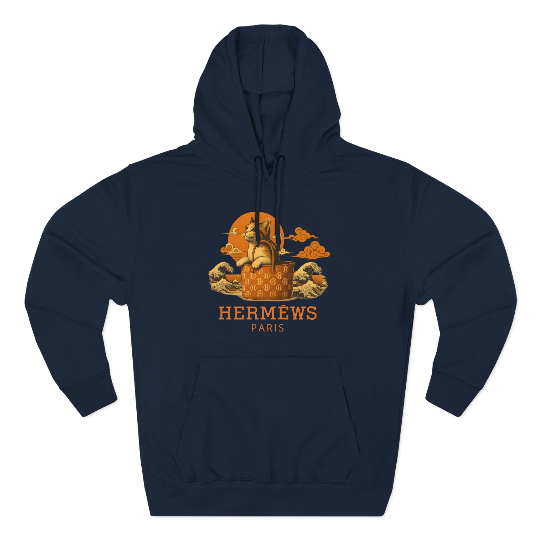 Hermèws Paris Sunset Voyage Cat Graphic Hoodie in navy, front view