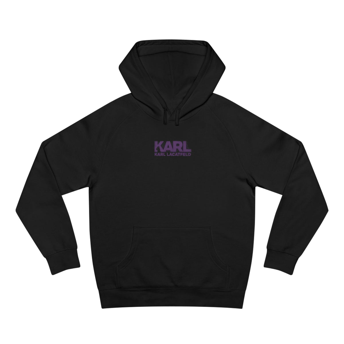Karl Lacatfeld Chest Logo Purple Glow Cat Graphic Hoodie in black, front view