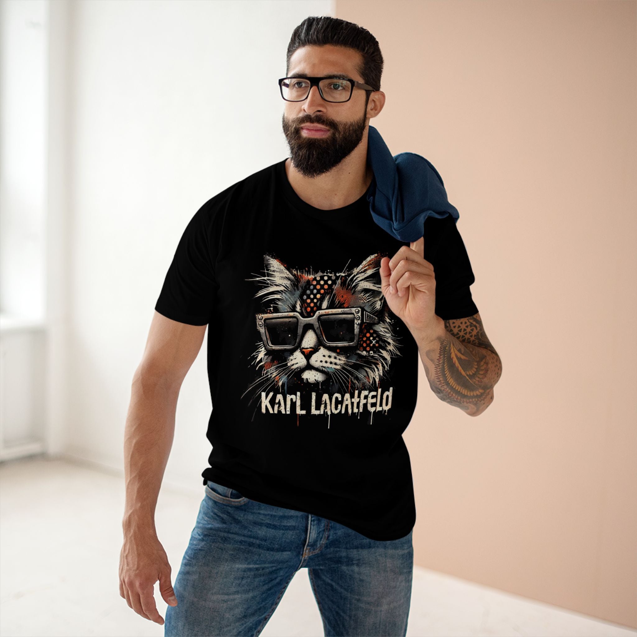 Karl LaCatfeld Noir Couture Graffiti Cat Graphic Black T-Shirt, worn by a male model