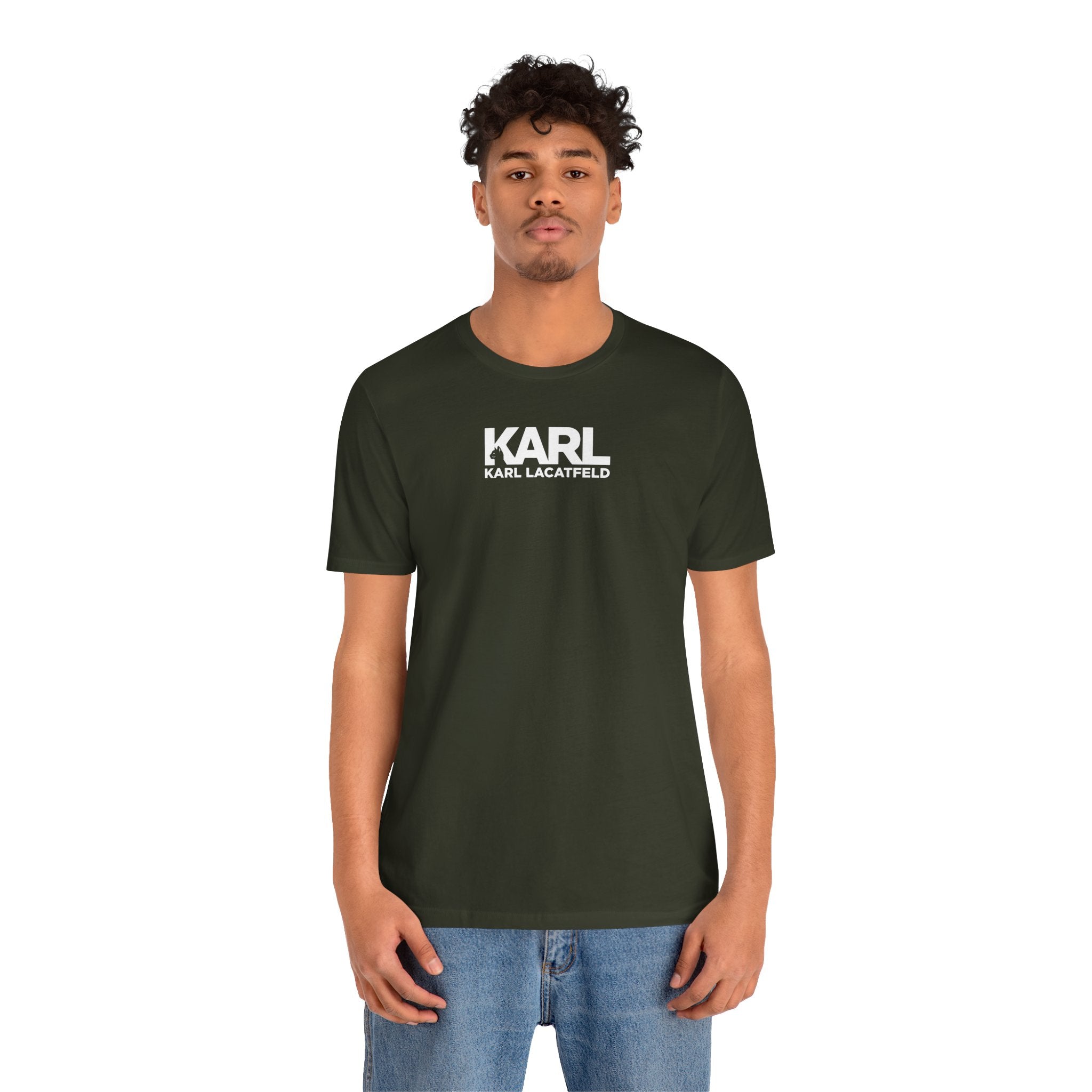 Karl Lacatfeld Spray Authority Cat Graphic T-Shirt in dark olive, worn by a male model