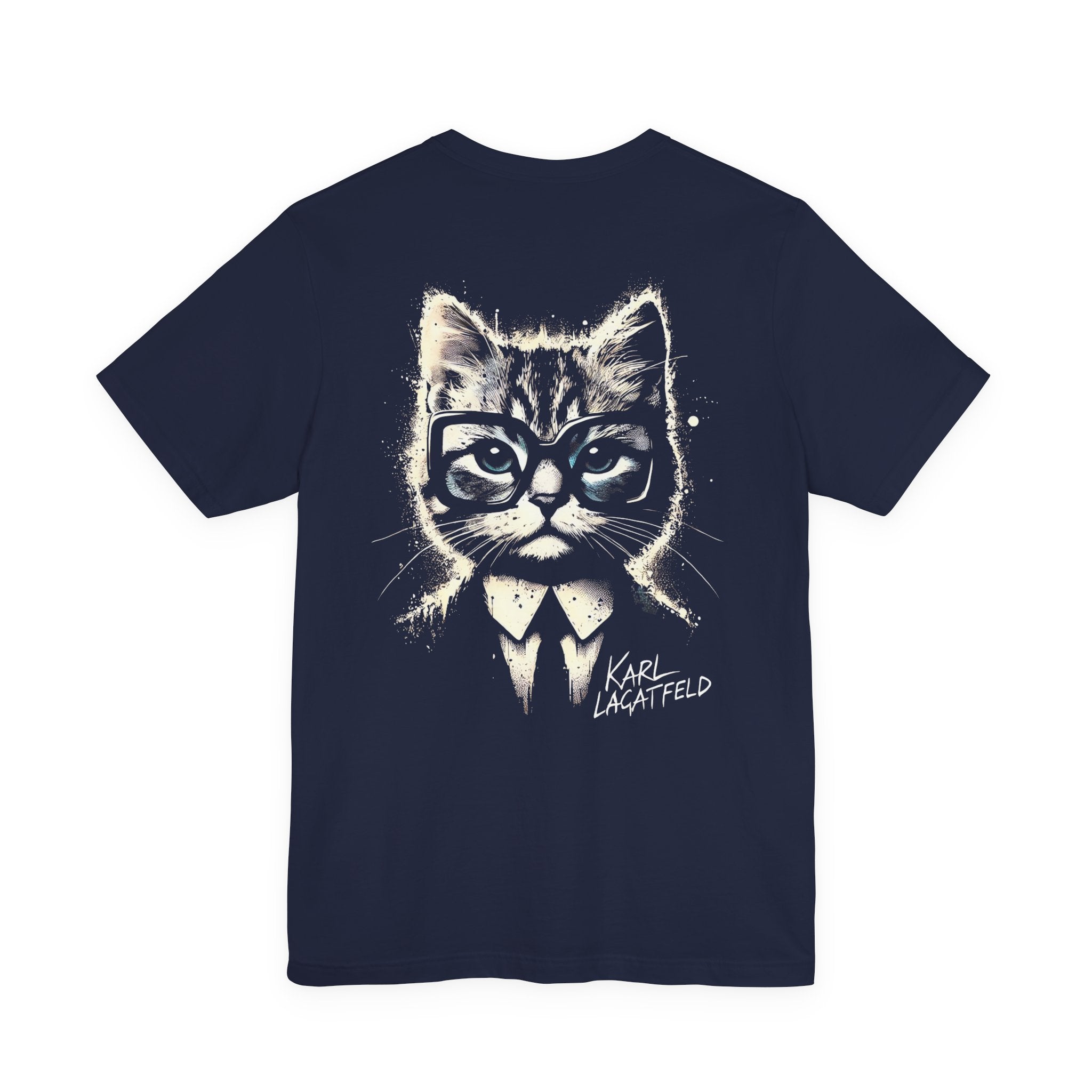 Karl Lacatfeld Spray Authority Cat Graphic T-Shirt in navy, back view