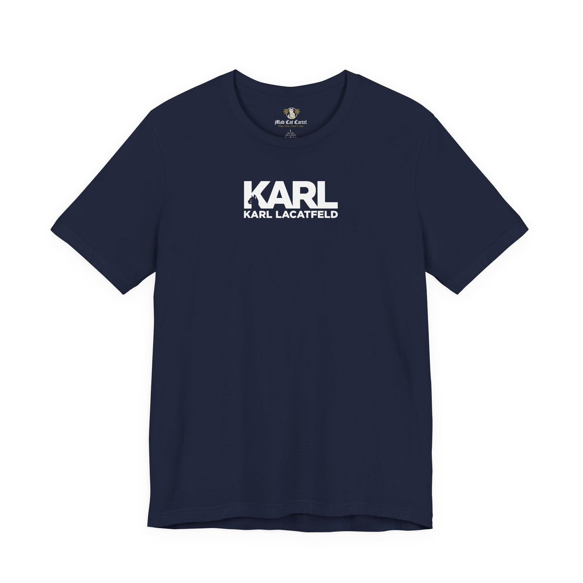 Karl Lacatfeld Spray Authority Cat Graphic T-Shirt in navy, front view