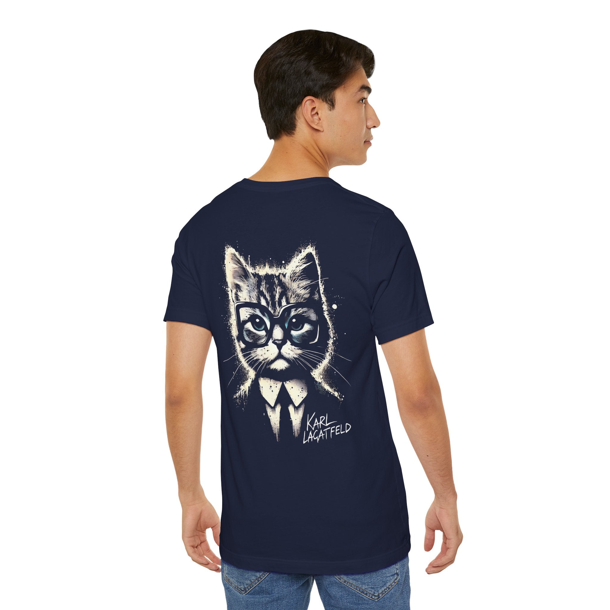 Karl Lacatfeld Spray Authority Cat Graphic T-Shirt in navy, back view on a male model