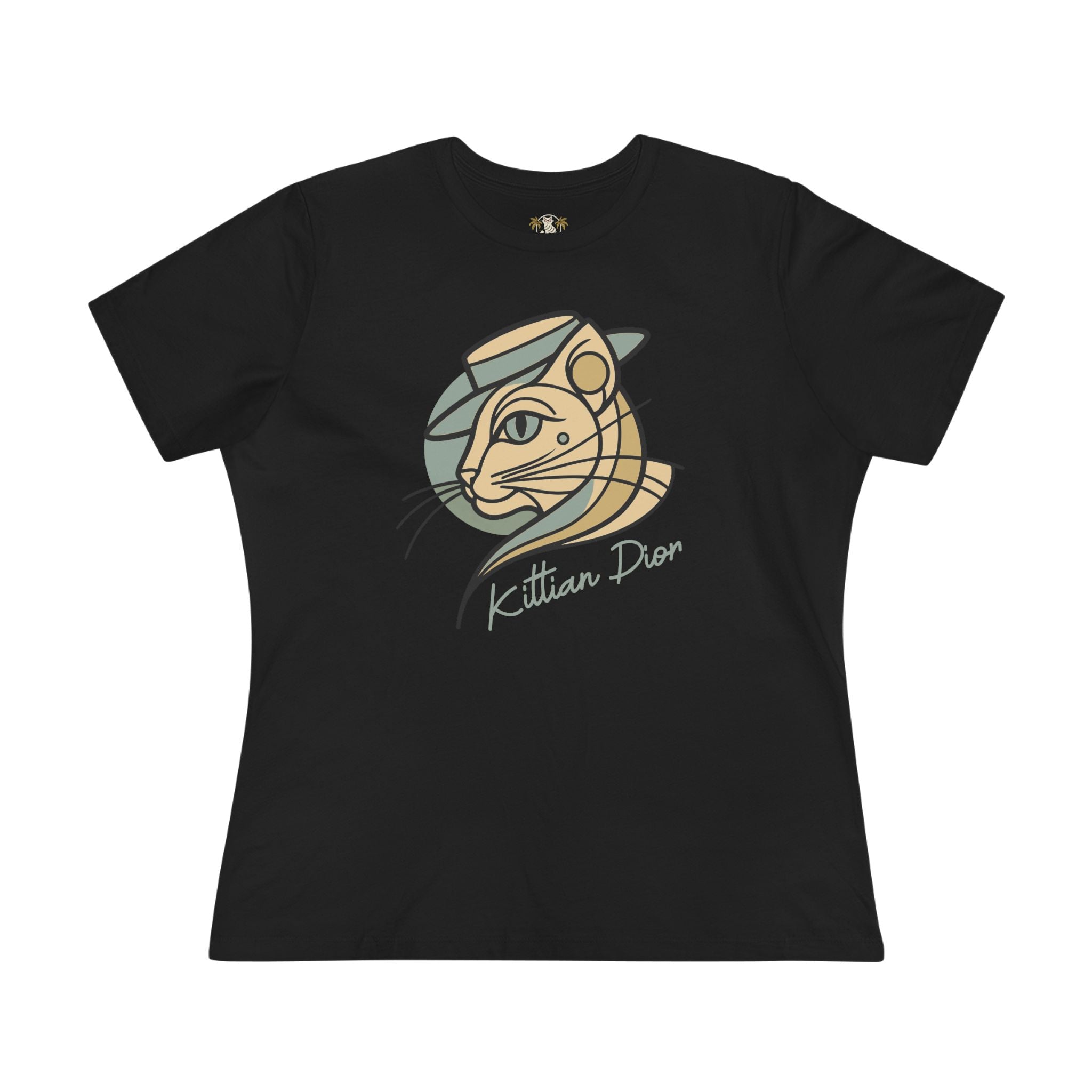 Kittian Dior Art Deco Hat Cat Graphic Women's T-Shirt in black, flat lay