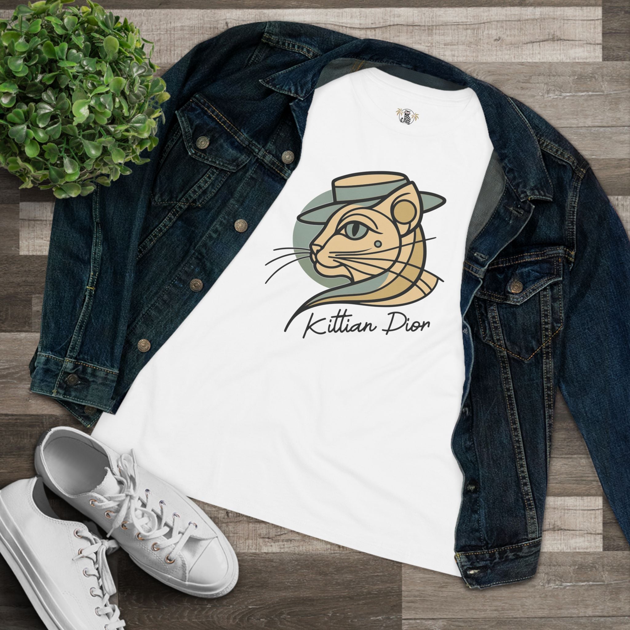 Kittian Dior Art Deco Hat Cat Graphic Women's T-Shirt in white, flat lay