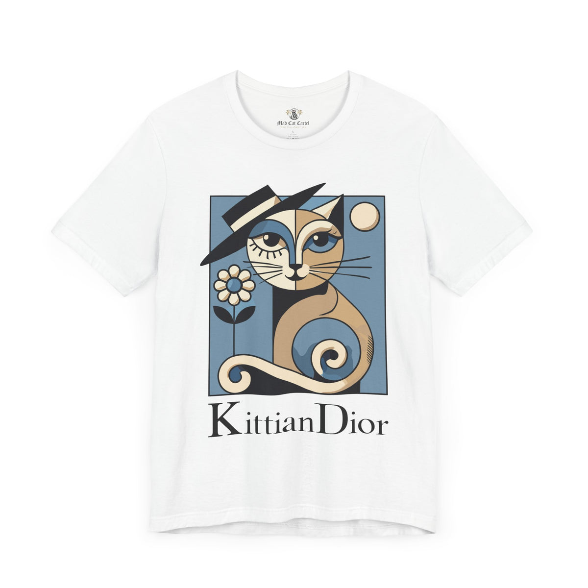 Kittian Dior La Parisienne Art Deco Cat Graphic T-Shirt in white, front view