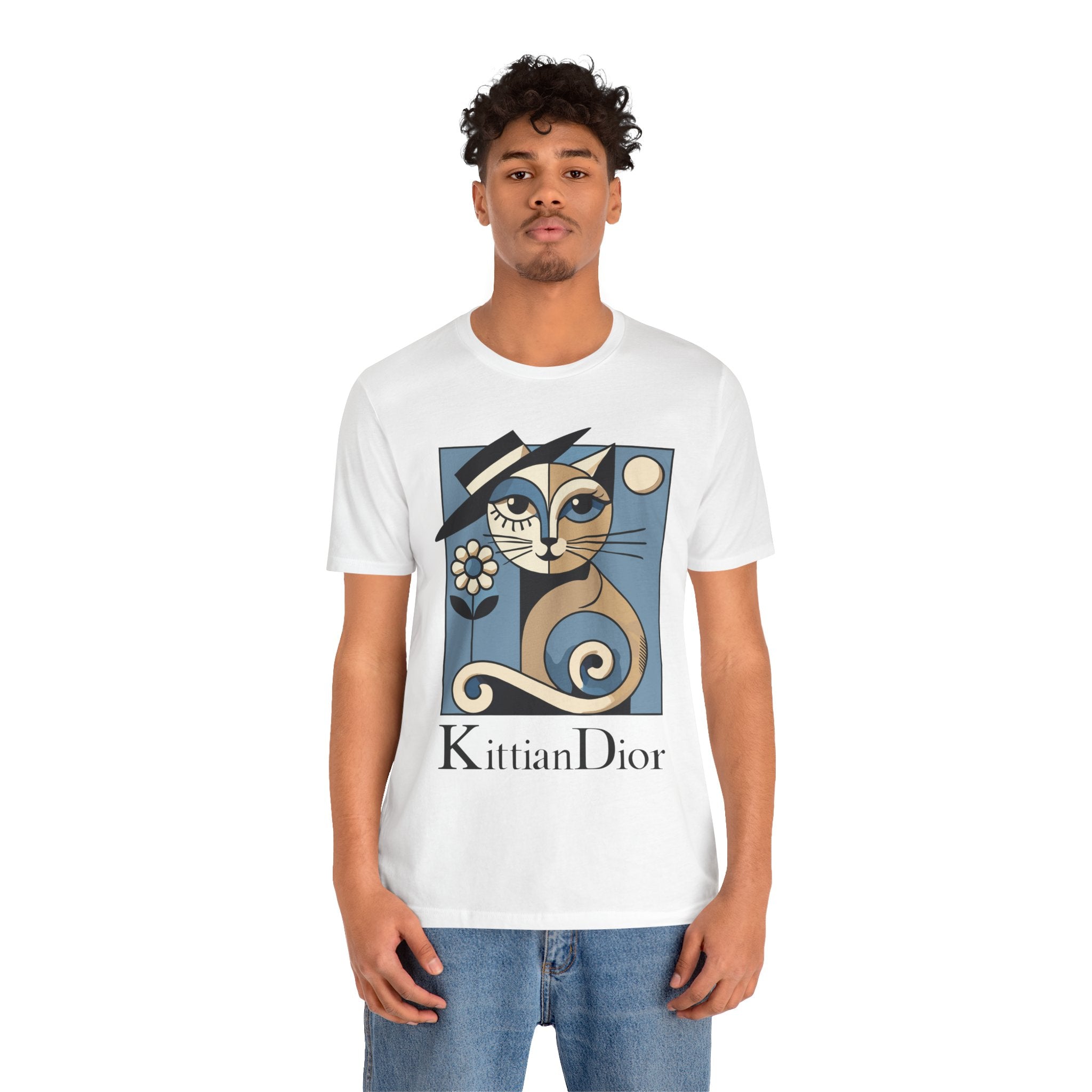 Kittian Dior La Parisienne Art Deco Cat Graphic T-Shirt in white, worn by a male model