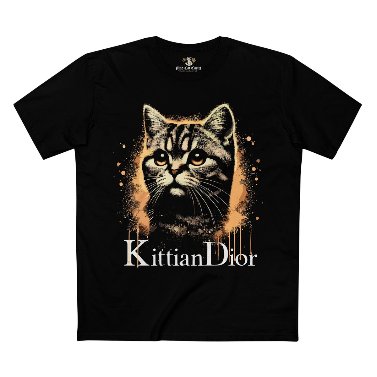 Kittian Dior Royal Spray Cat Graphic Black T-Shirt, front view