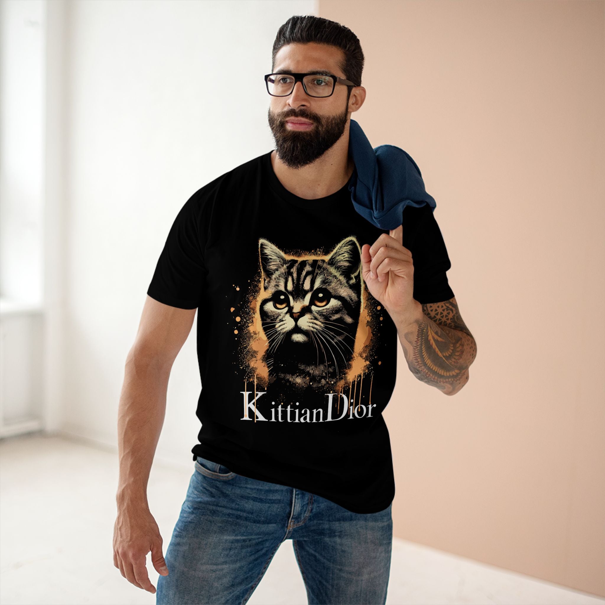 Kittian Dior Royal Spray Cat Graphic Black T-Shirt, worn by a male model