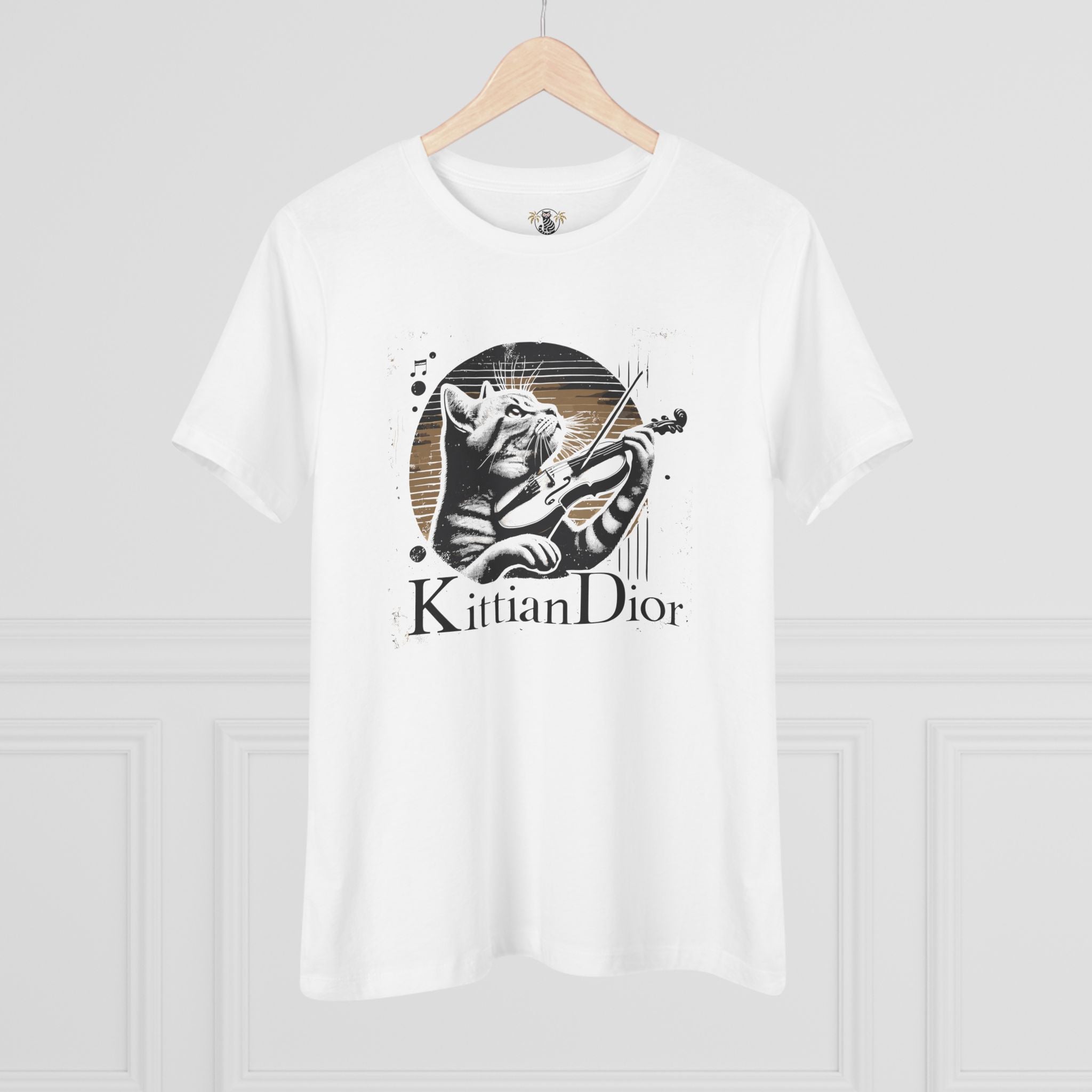 Kittian Dior Violin Cat Graphic White T-Shirt Women's, on a hanger
