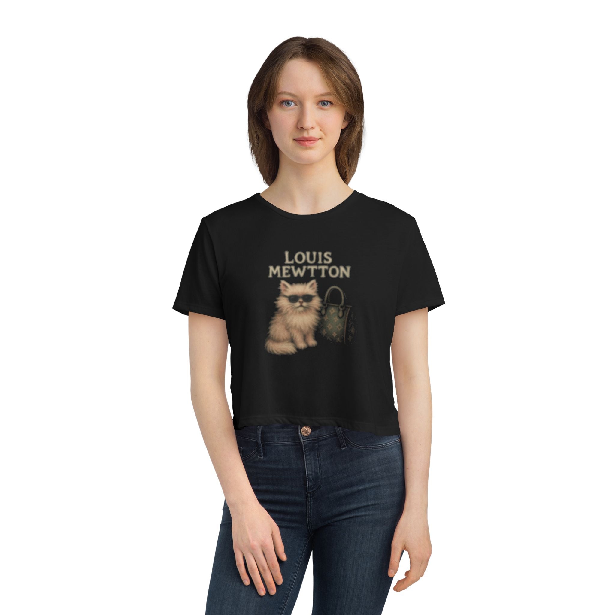 Louis Mewtton Cat Print Women's Black Flowy Cropped T-Shirt, worn by a female model