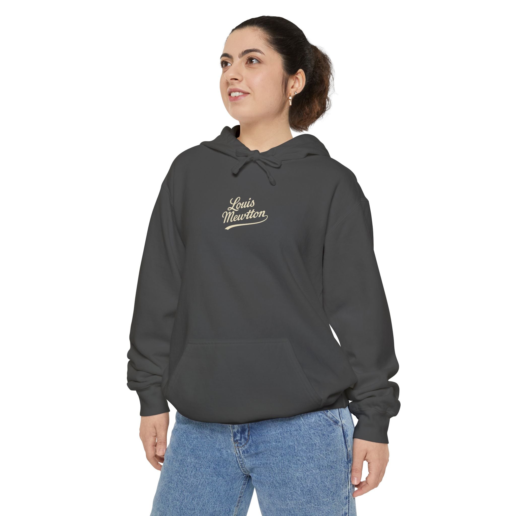 Louis Mewtton Chest Logo Galactic Fam Cat Graphic Hoodie in pepper, worn by a female model