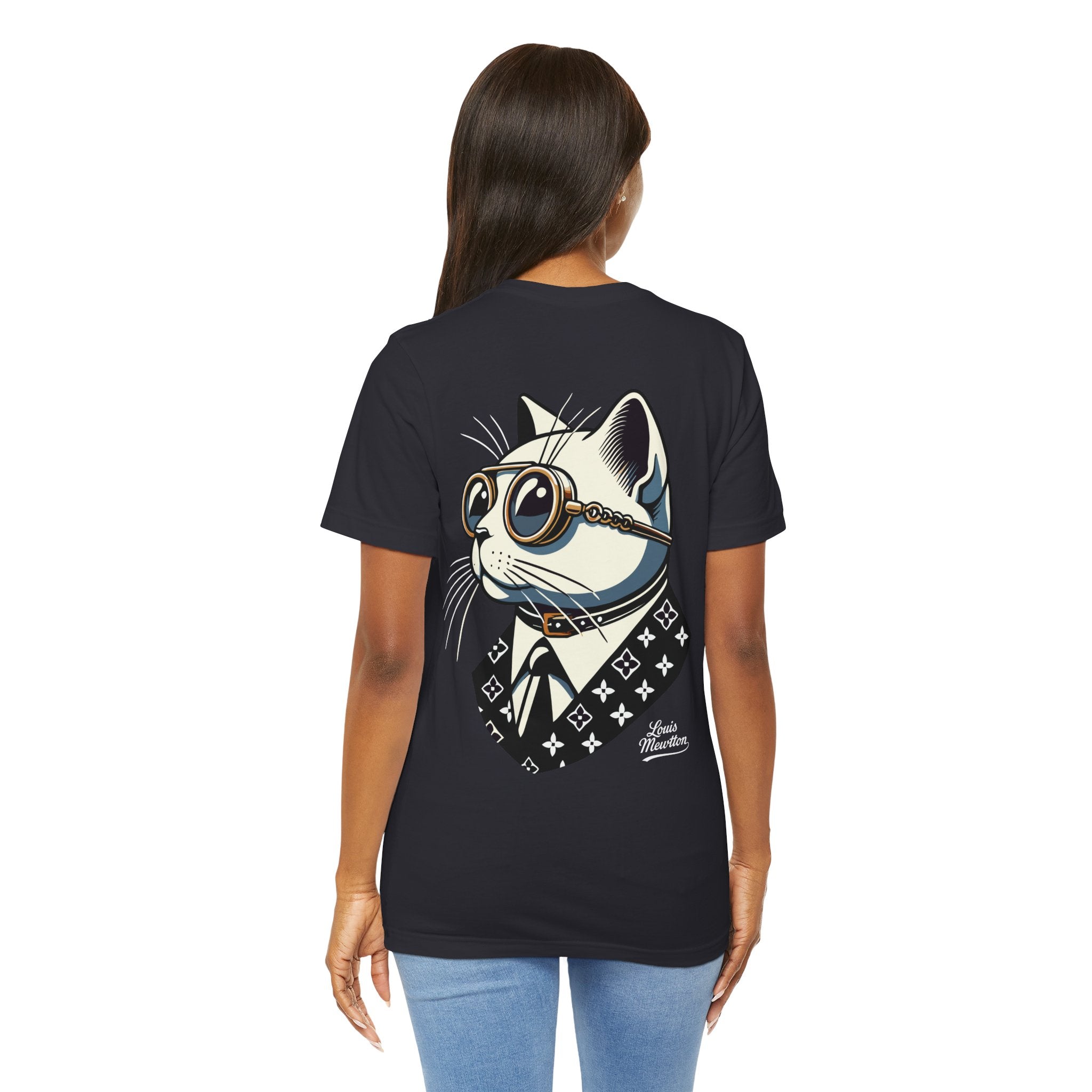 Louis Mewtton Chief Executive Cat Graphic T-Shirt in dark grey, worn by a female model