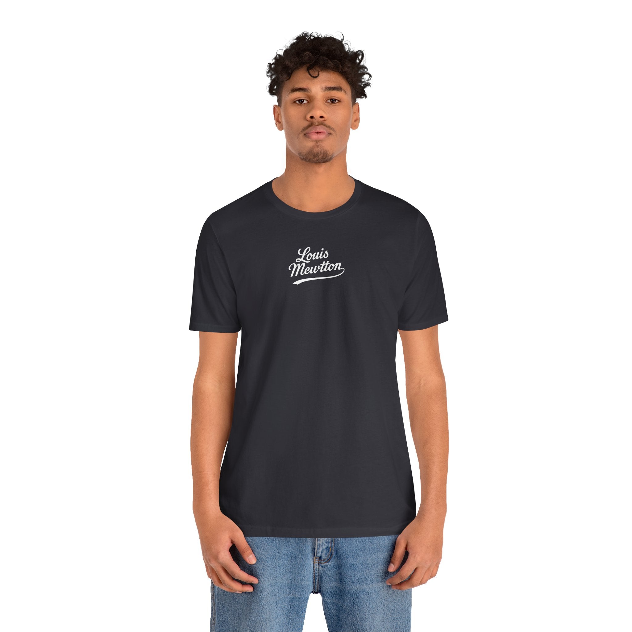 Louis Mewtton Chief Executive Cat Graphic T-Shirt in dark grey, worn by a male model