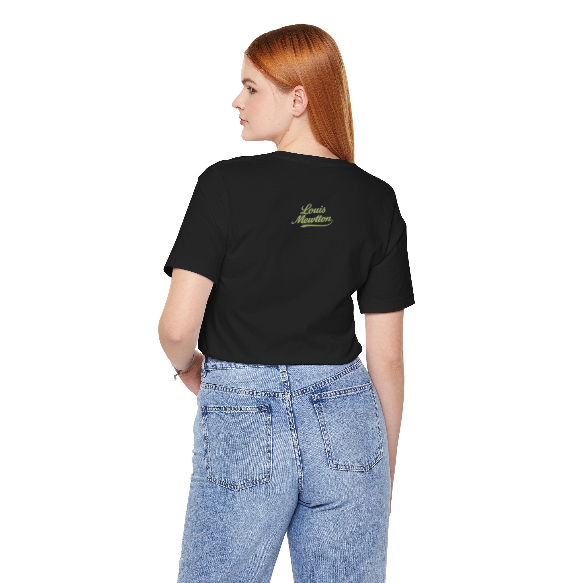 Louis Mewtton Dark Mode Cat in Glasses Graphic Black T-Shirt, back view on a female model