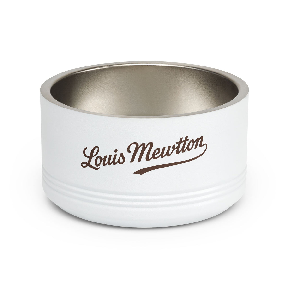 Louis Mewtton Logo Stainless Steel Designer Cat Bowl in white, front view