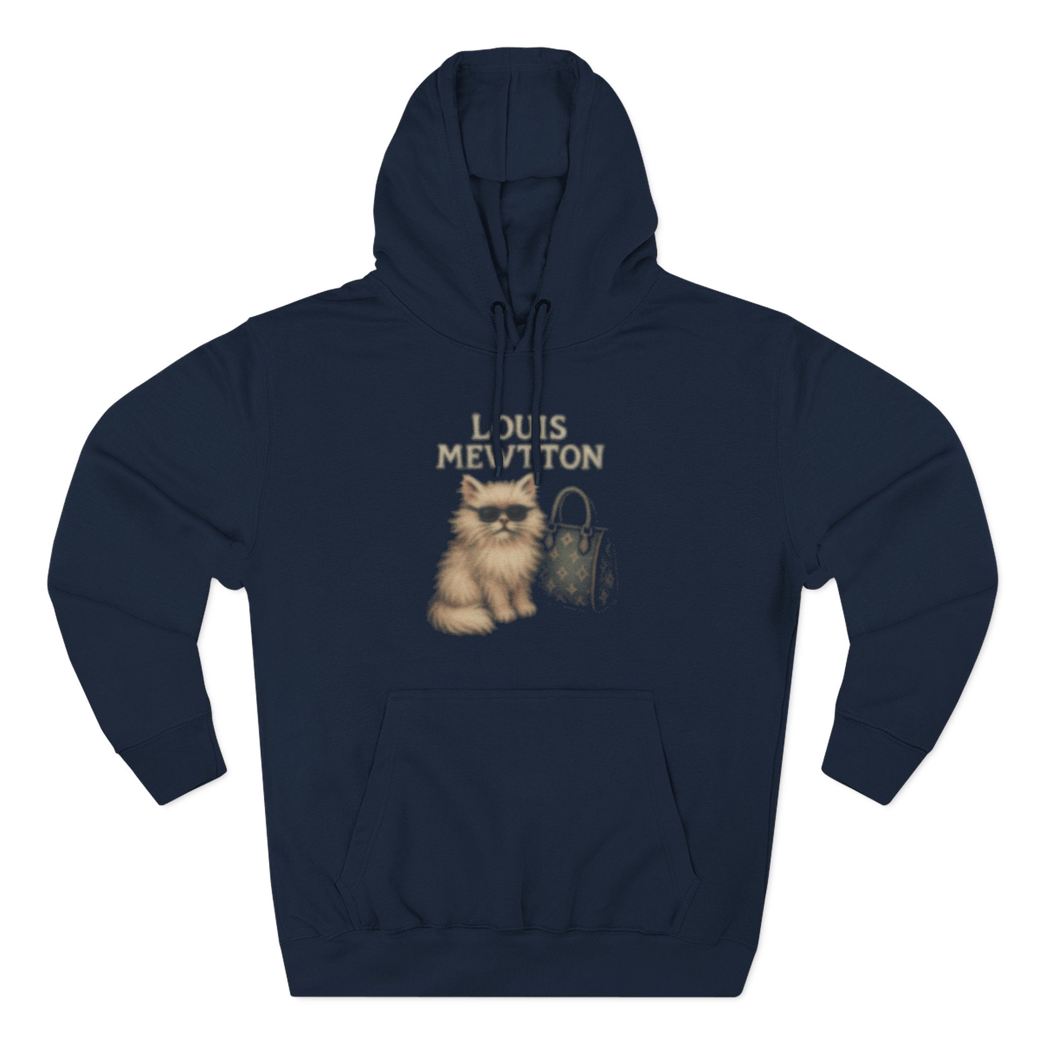 Louis Mewtton Fluffy Couture Cat Graphic Hoodie in navy, front view