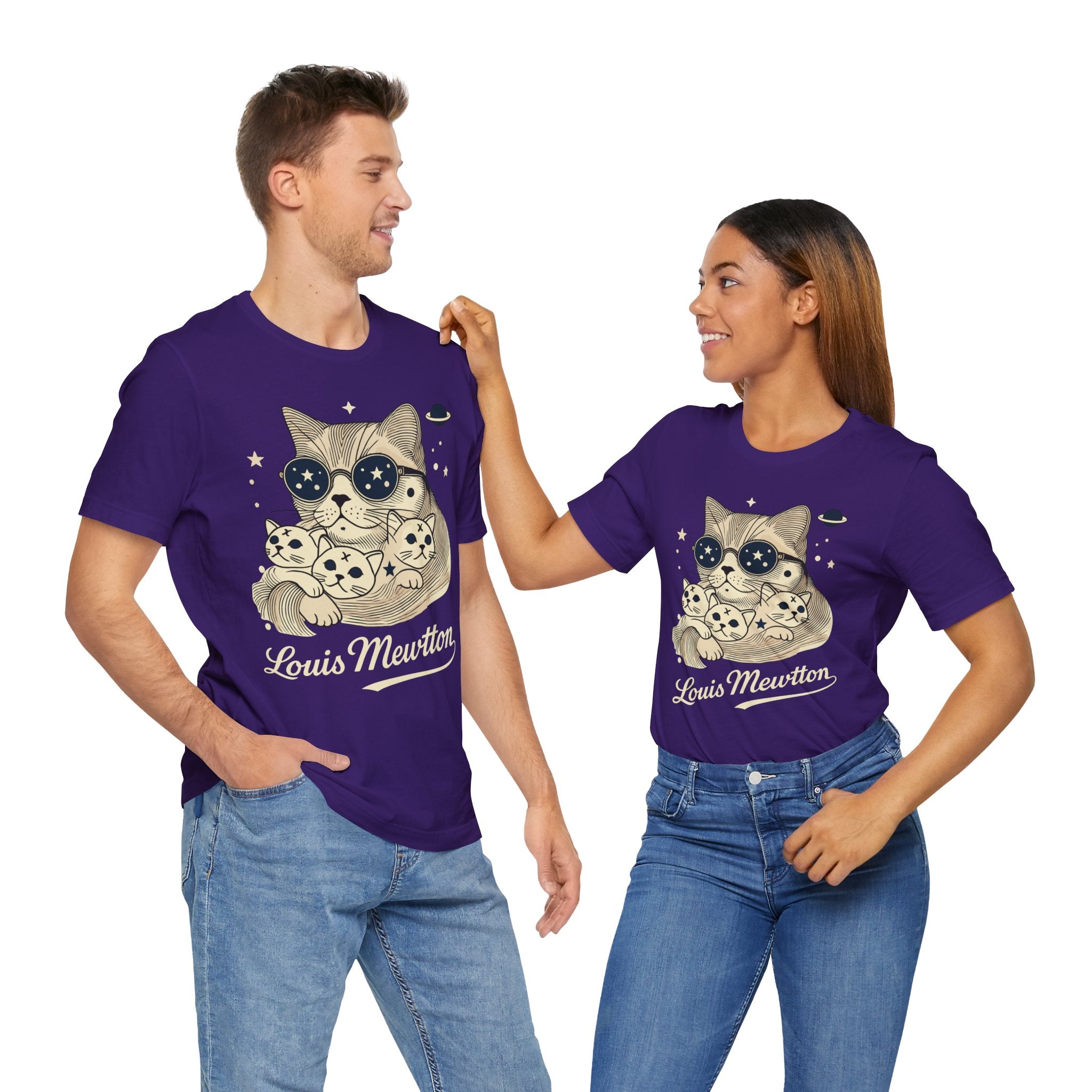 Louis Mewtton Galactic Fam Graphic T-Shirt in team purple, worn by two models