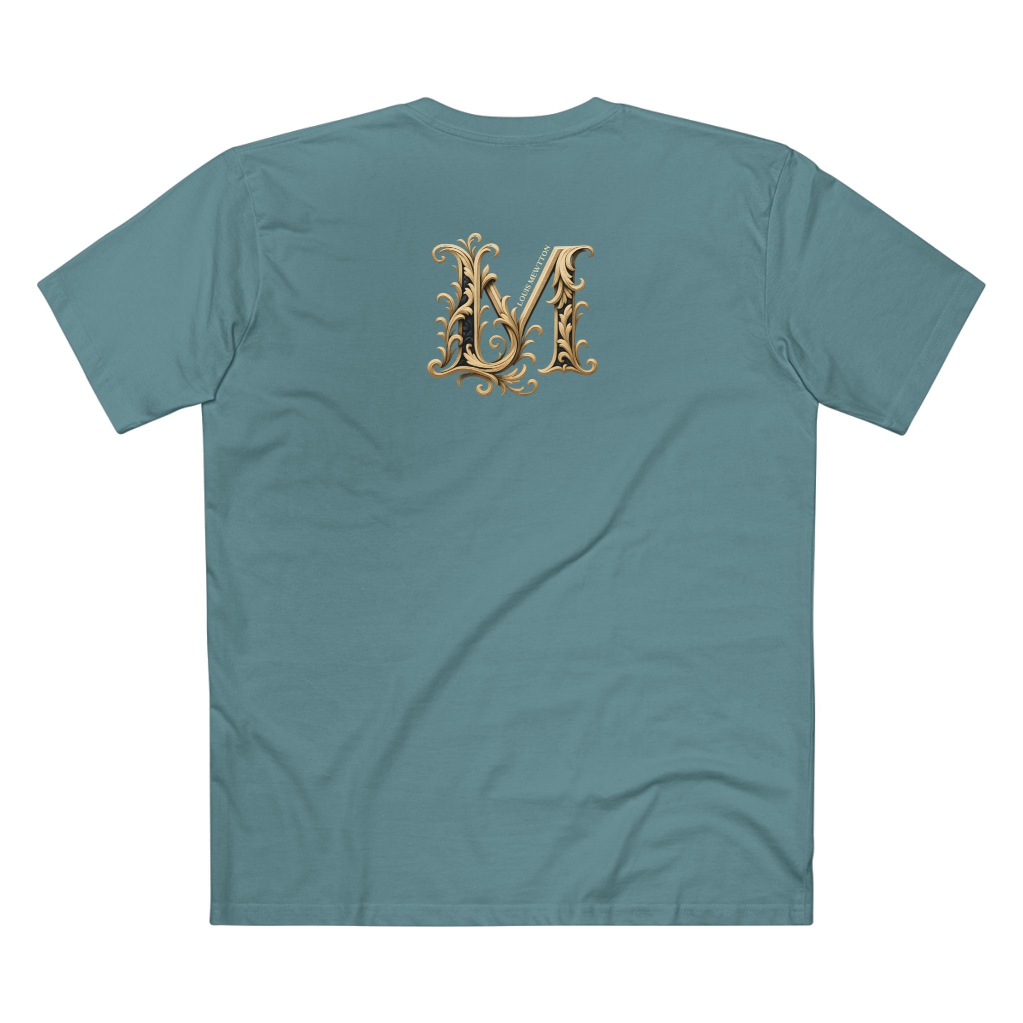 Louis Mewtton Prestige Cat Men's Graphic T-Shirt in slate blue, flat lay, back