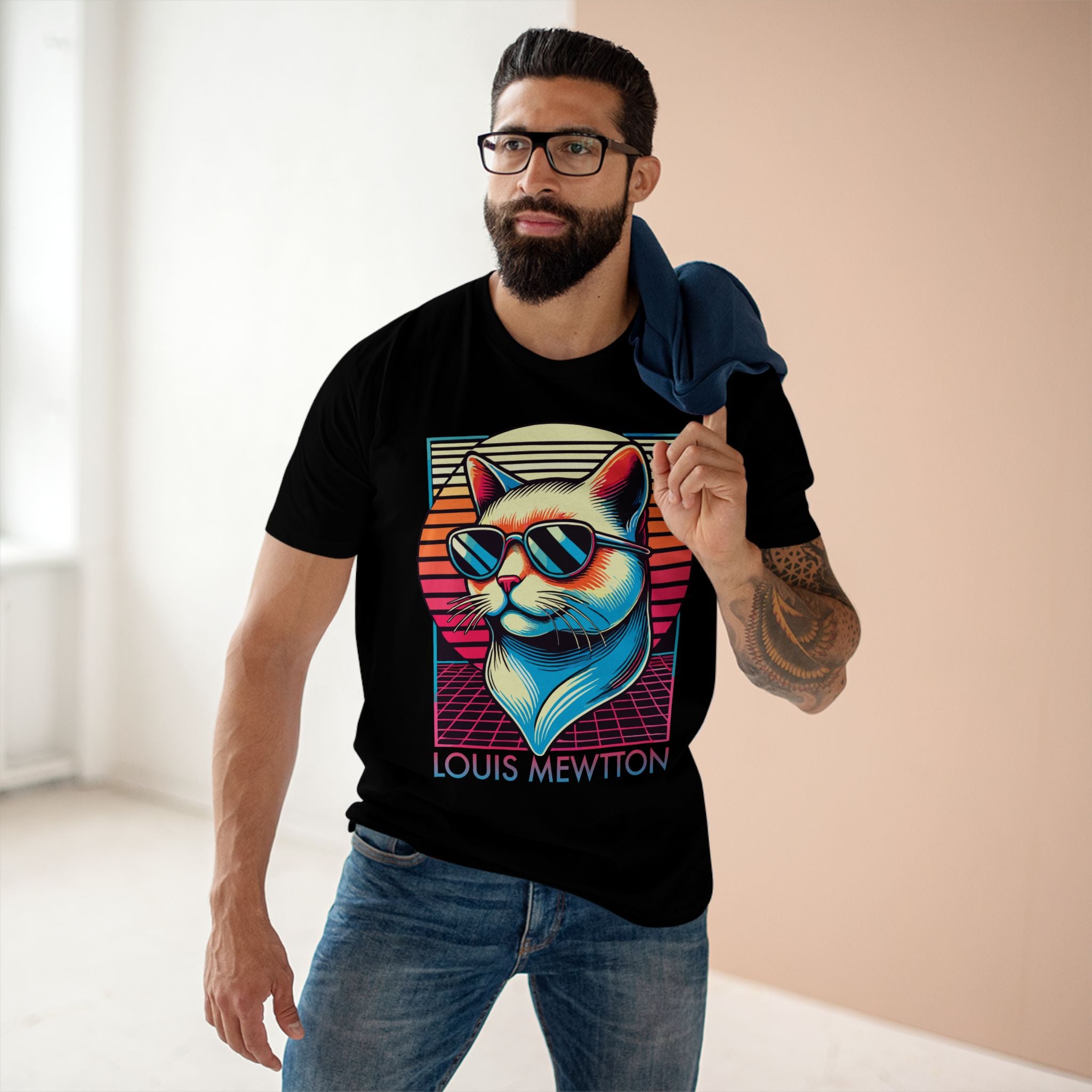 Louis Mewtton Retro Sunset Black T-Shirt, worn by a male model