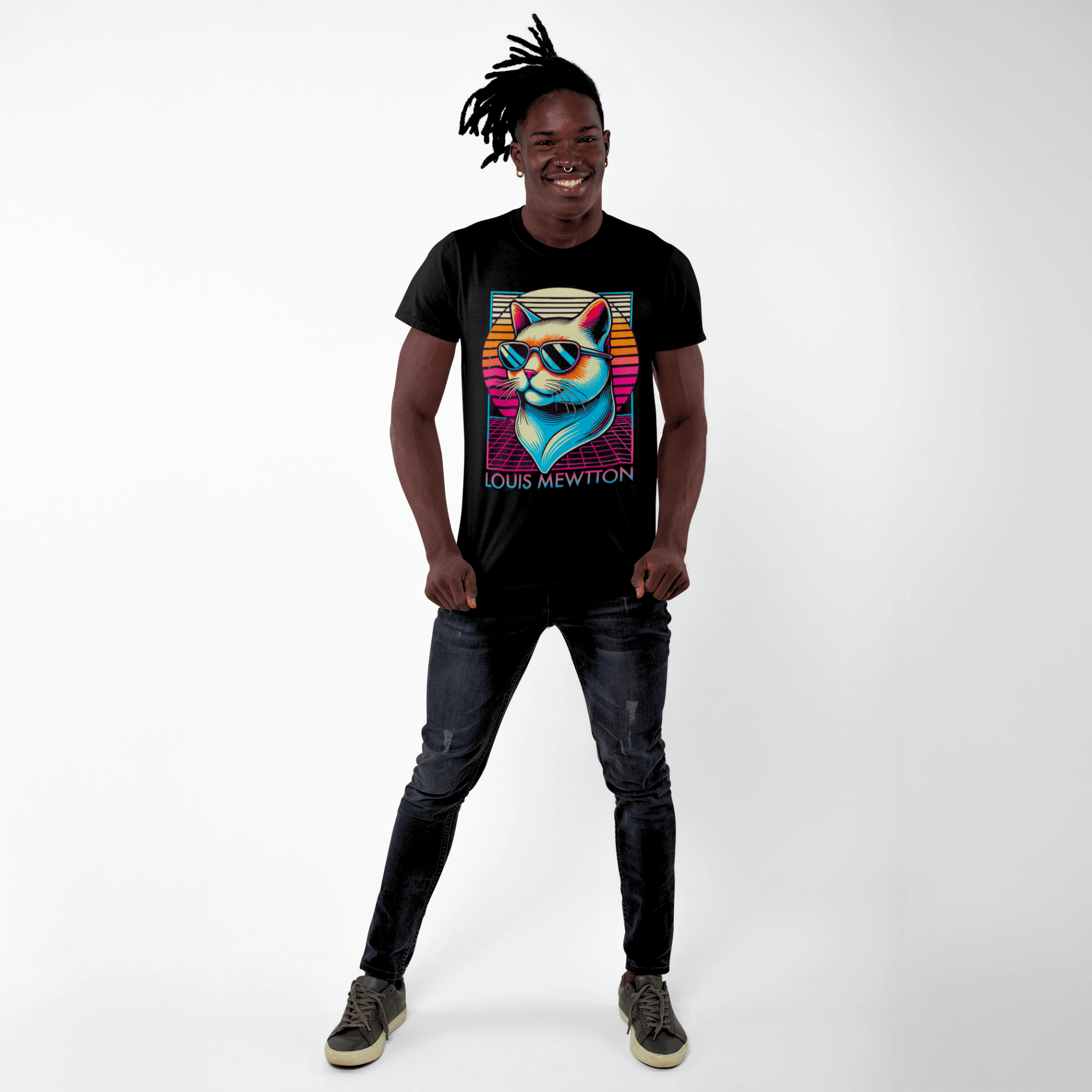 Louis Mewtton Retro Sunset Black T-Shirt, worn by a male model