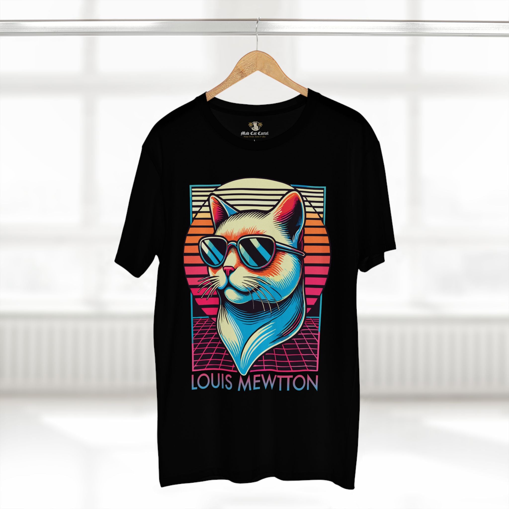 Louis Mewtton Retro Sunset Black T-Shirt, on a hanger