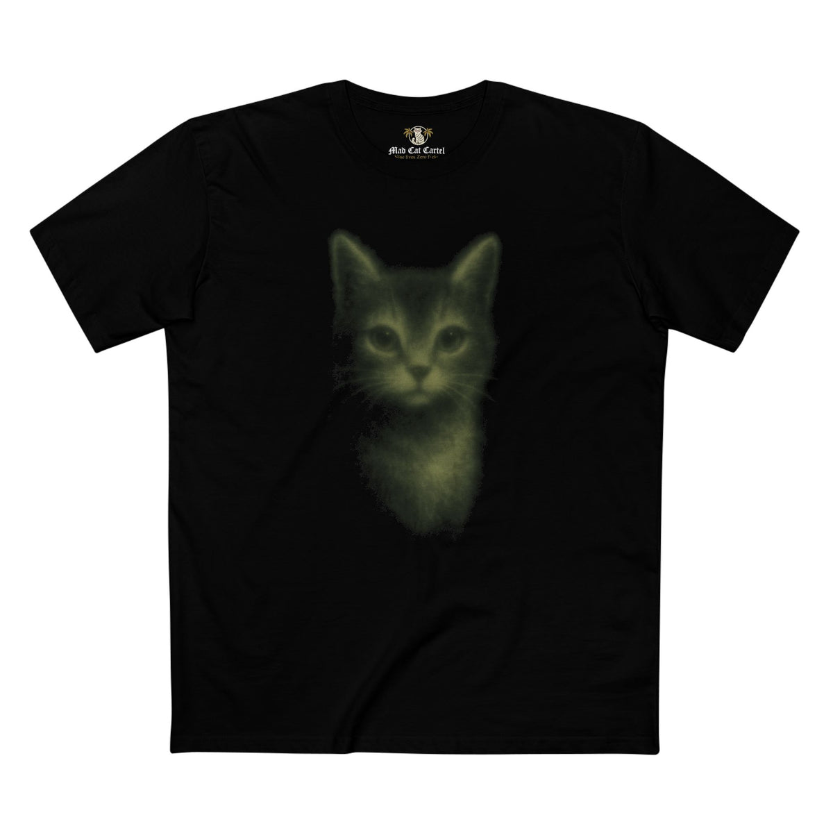 Louis Mewtton Shadowlight Cat Portrait Men's Black T-Shirt, flat lay
