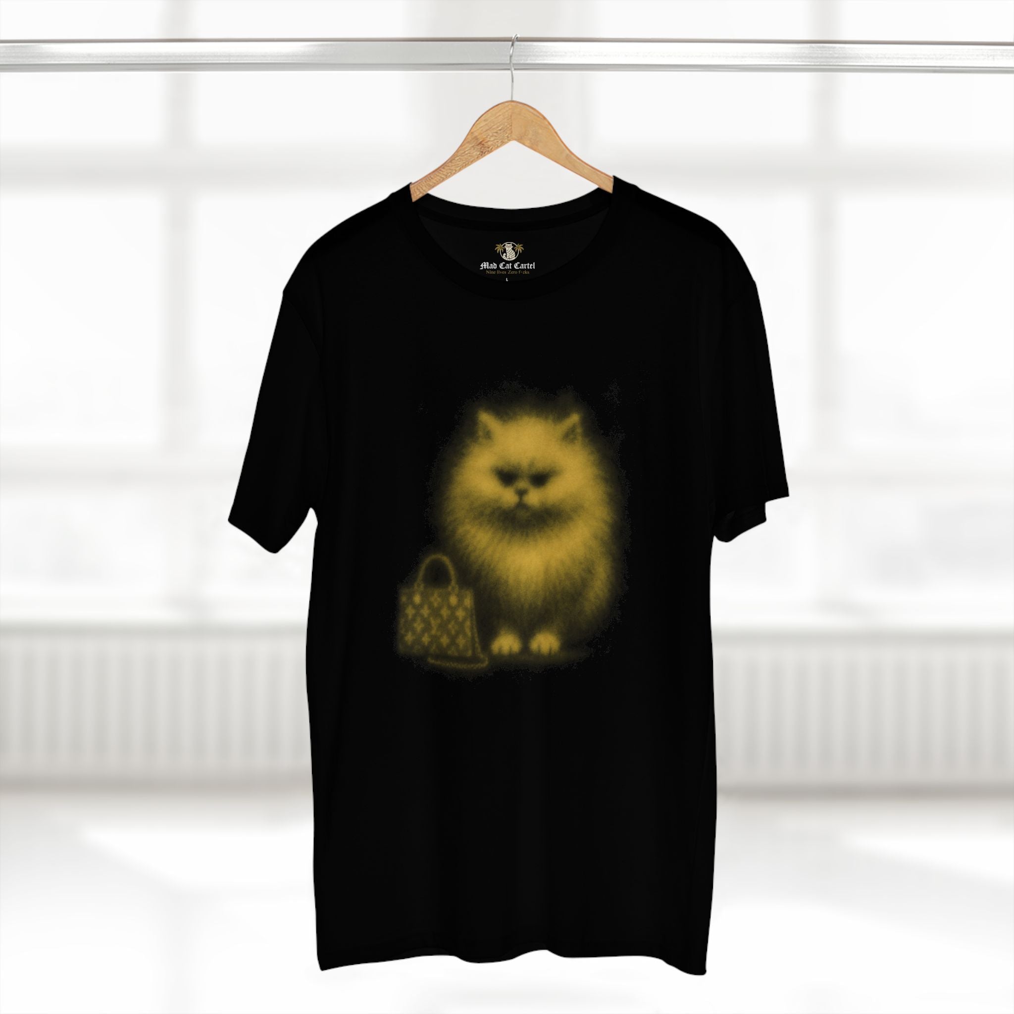 Louis Mewtton Yellow Aura Cat Graphic Black T-Shirt, on a hanger