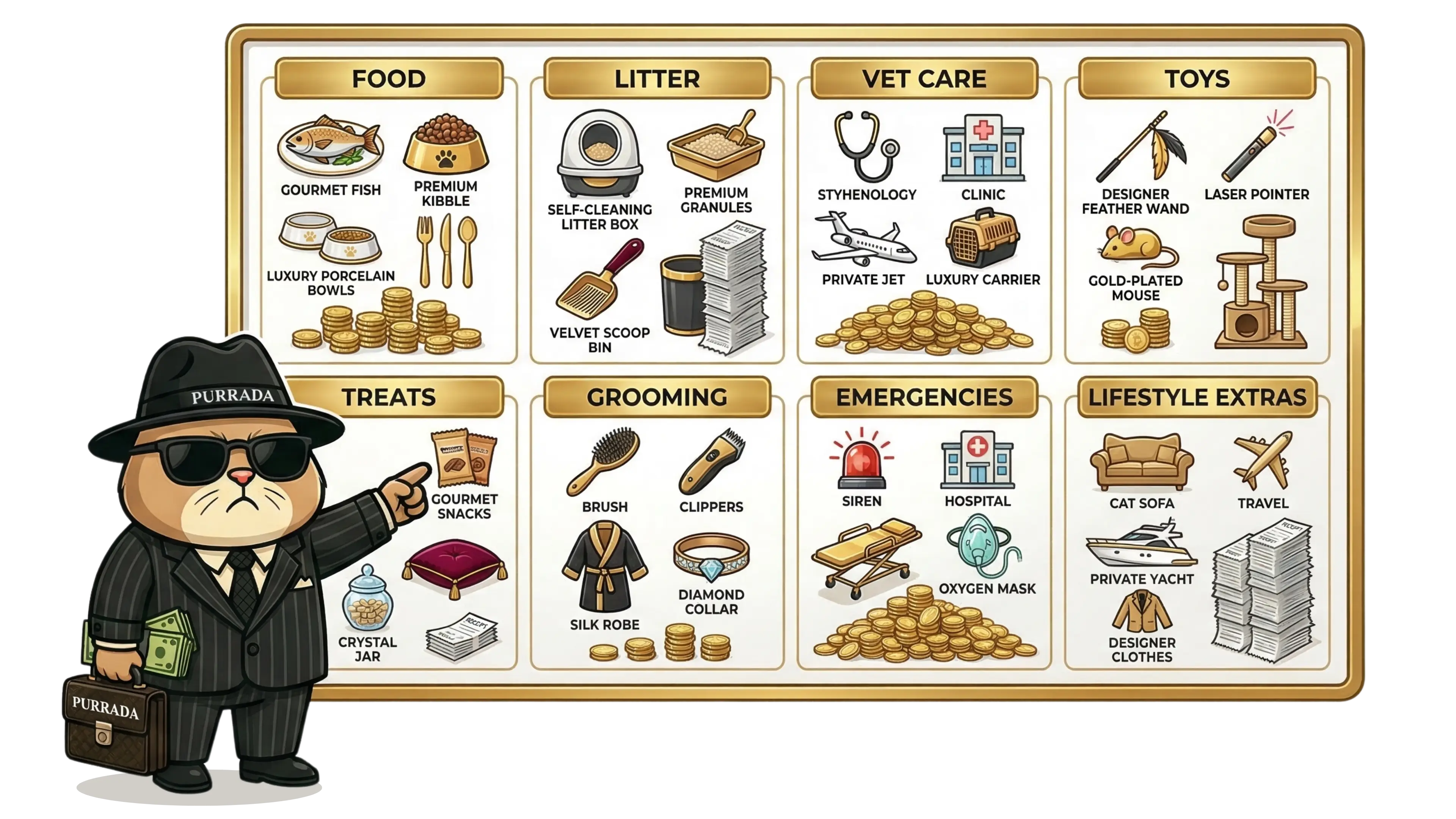 Mad Cat Cartel cat pointing to cat cost calculator categories including food litter vet care toys treats grooming emergencies and lifestyle extras