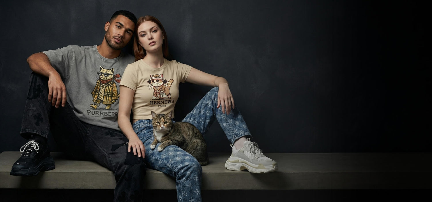 Man and woman sitting on a bench with a cat, wearing designer parody t-shirts by Mad Cat Cartel
