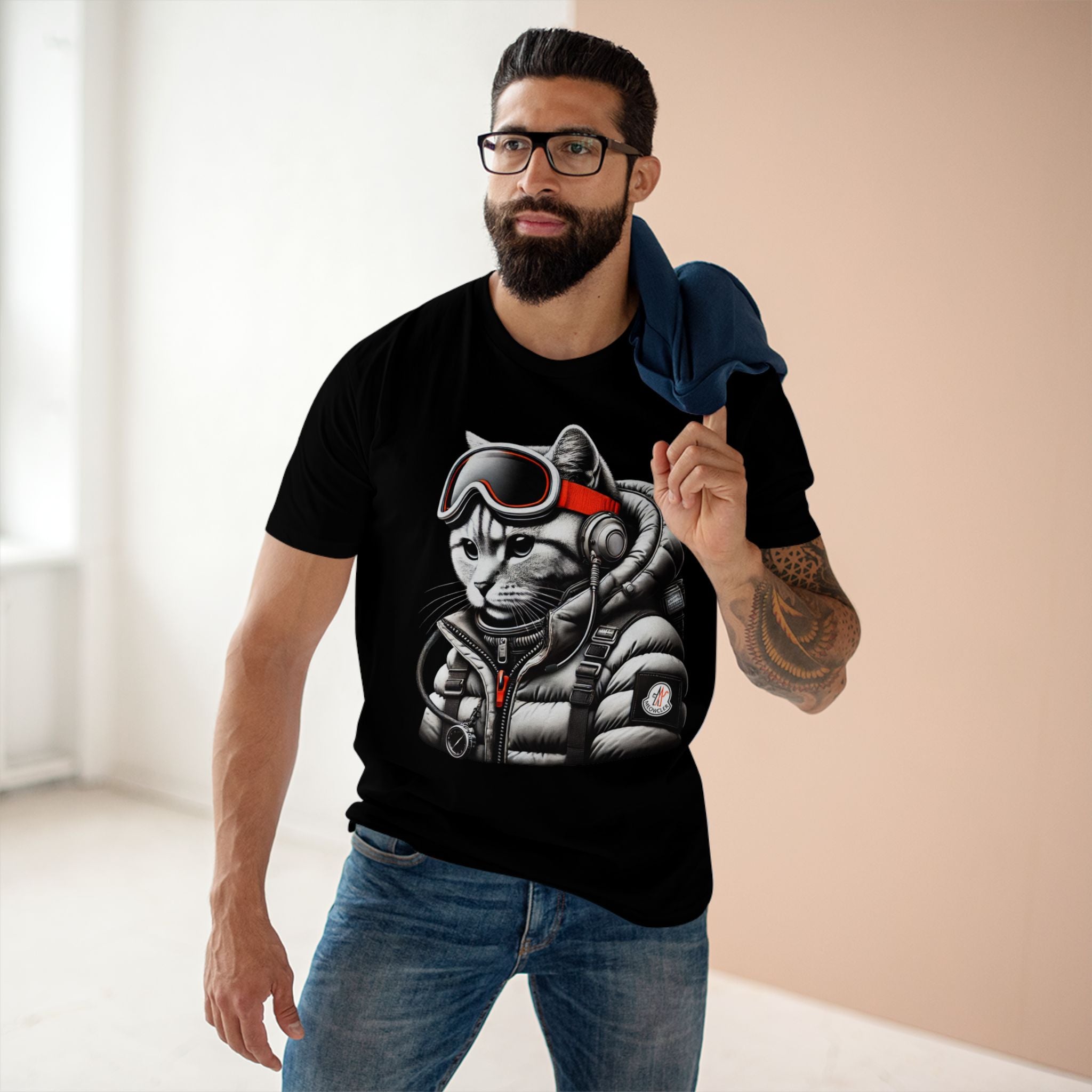 Meowcler Alpine Explorer Cat Graphic Black T-Shirt, worn by a male model
