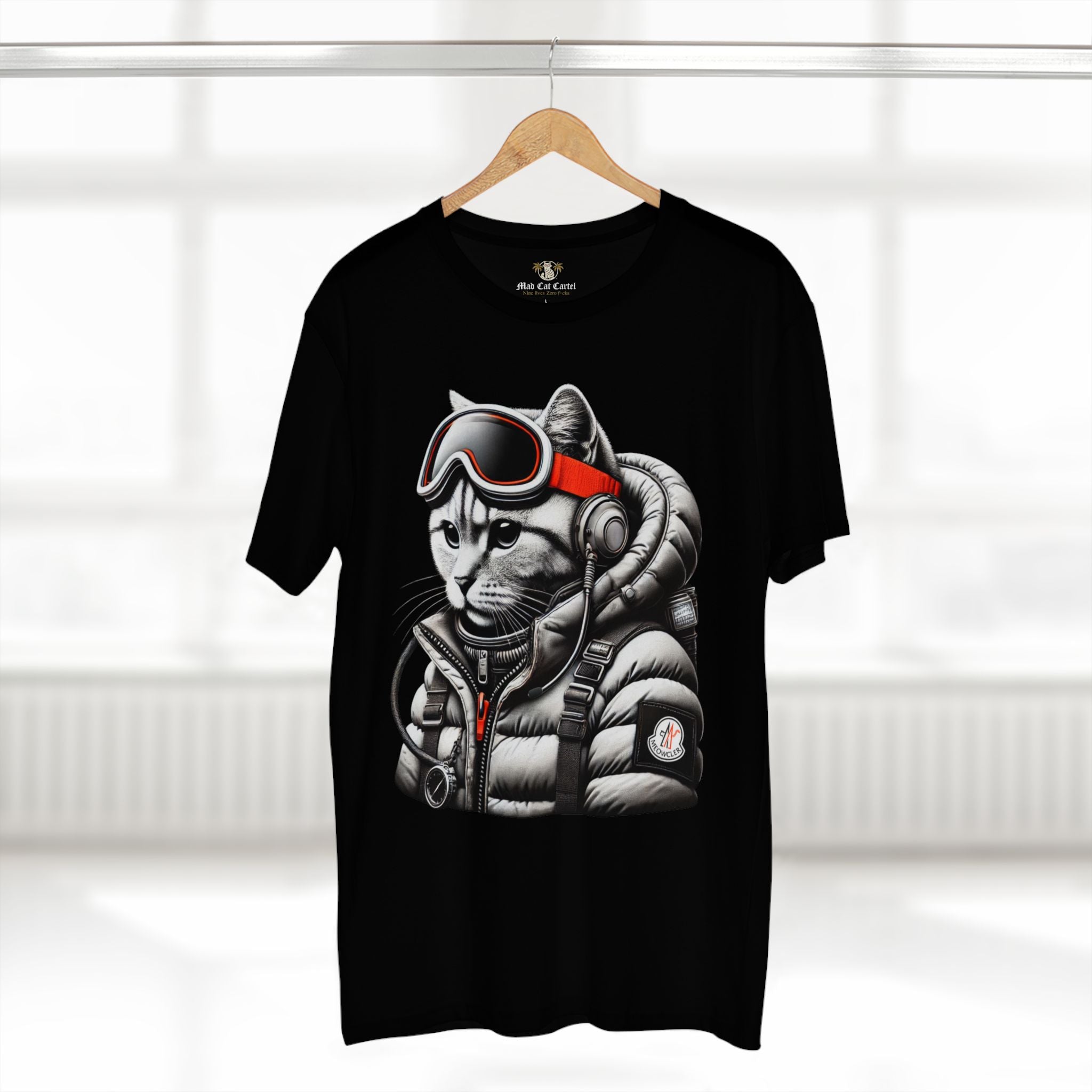 Meowcler Alpine Explorer Cat Graphic Black T-Shirt, on a hanger
