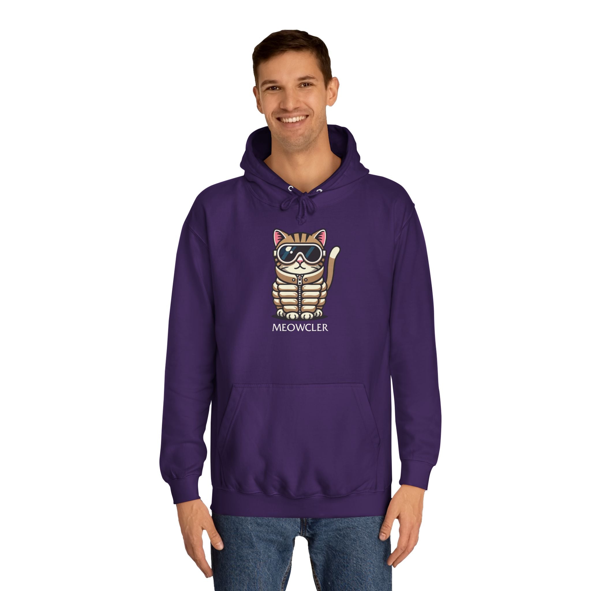 Meowcler Chest Puffer Cat Graphic Hoodie in purple, worn by a male model