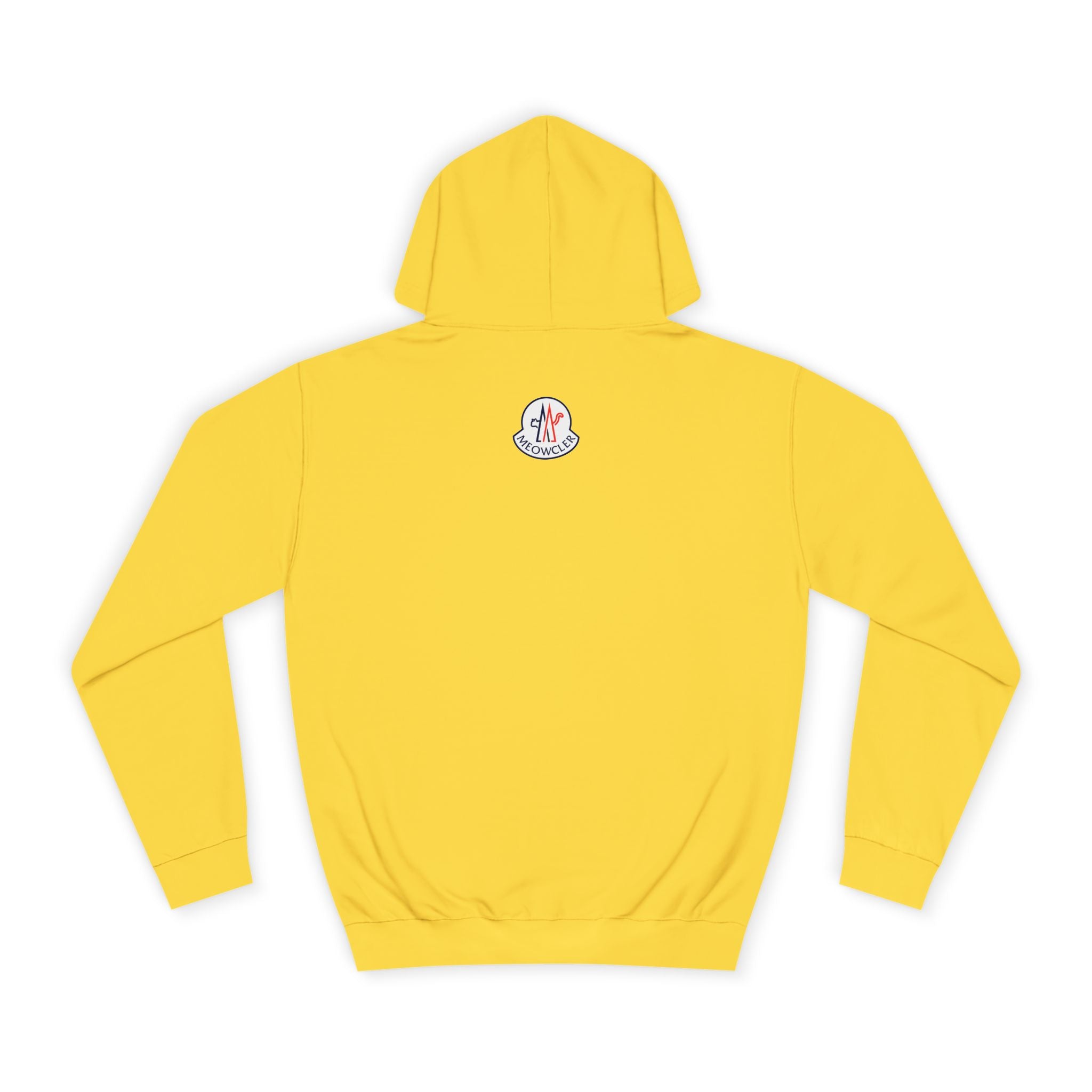Meowcler Chest Puffer Cat Graphic Hoodie in sun yellow, back view