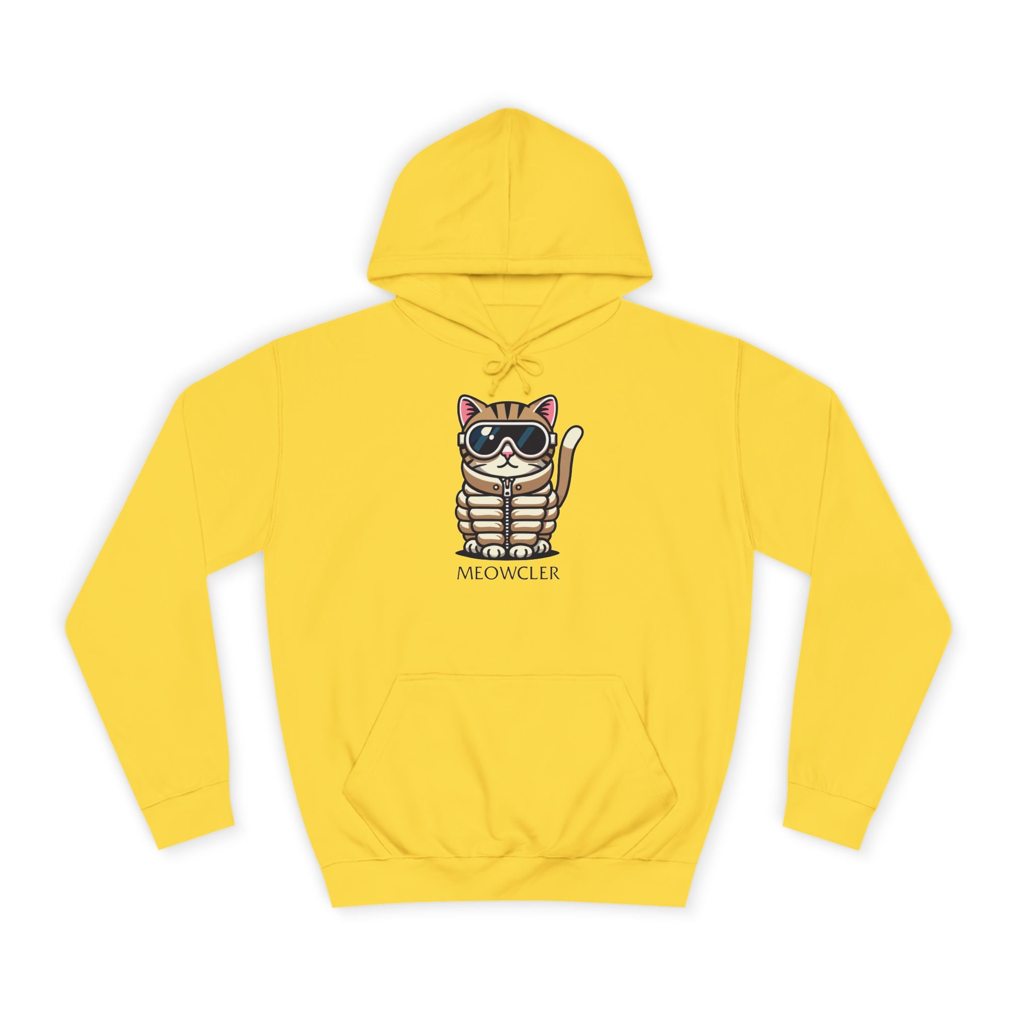 Meowcler Chest Puffer Cat Graphic Hoodie in sun yellow, front view
