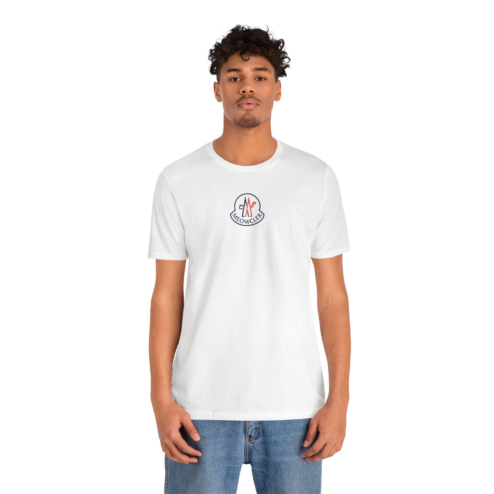 Meowcler Essentials Chest Logo T-Shirt in white, worn by a male model