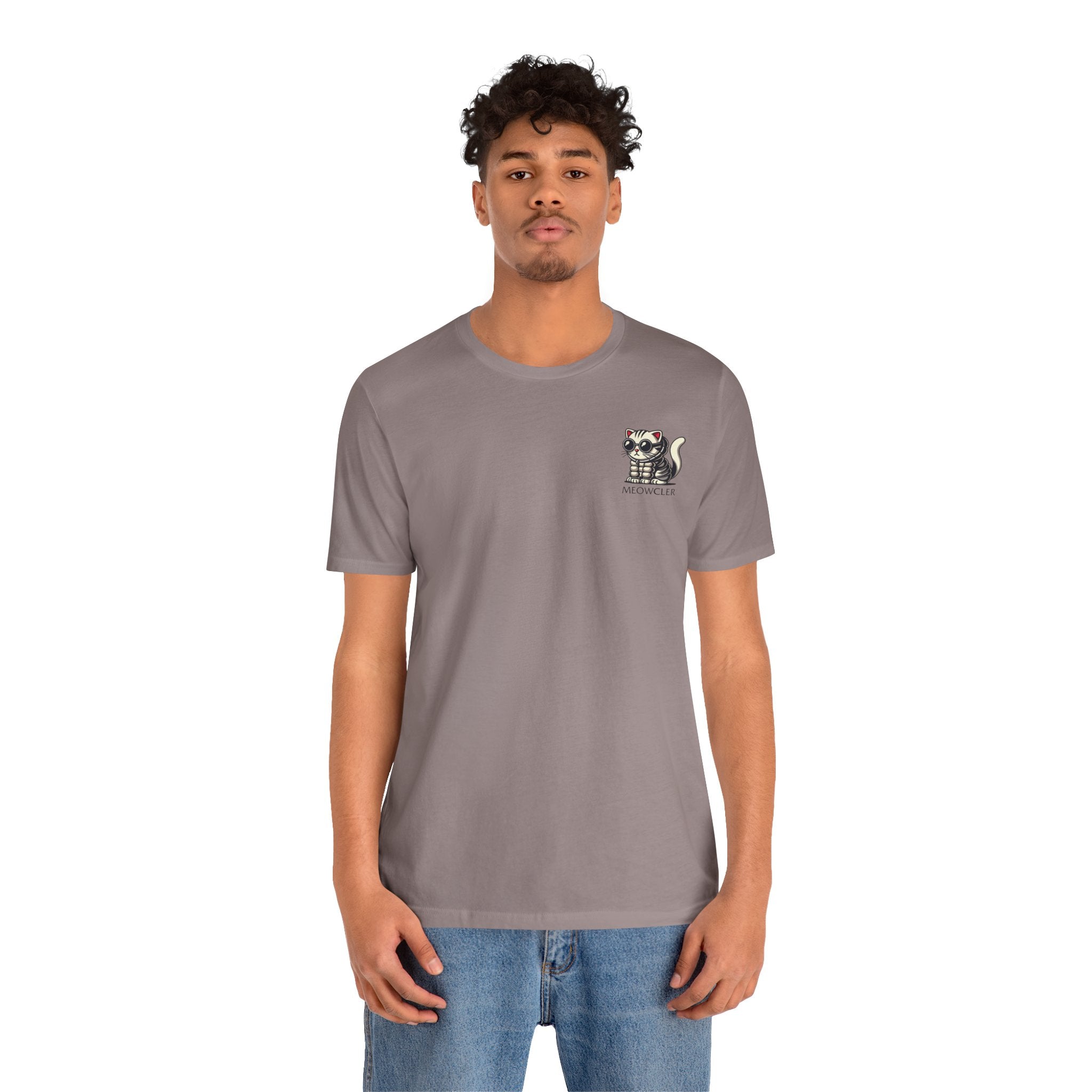 Meowcler Mini Puff Chest Graphic Cat T-Shirt in pebble brown, worn by a male model