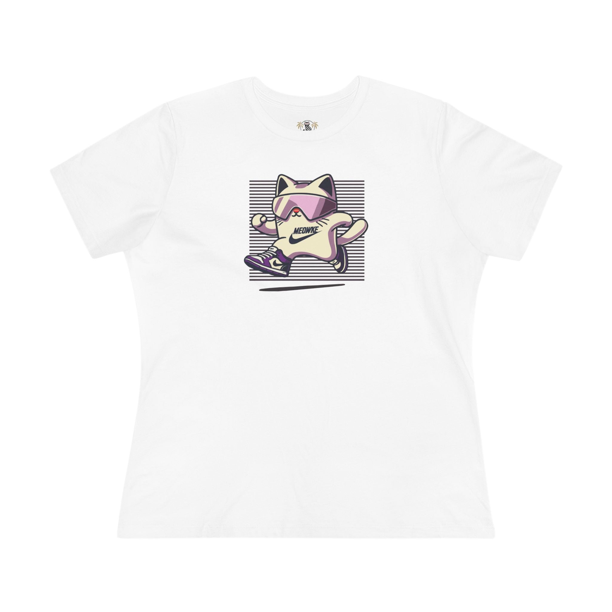 Meowke Cat Runner Graphic Women's T-Shirt in white, front view