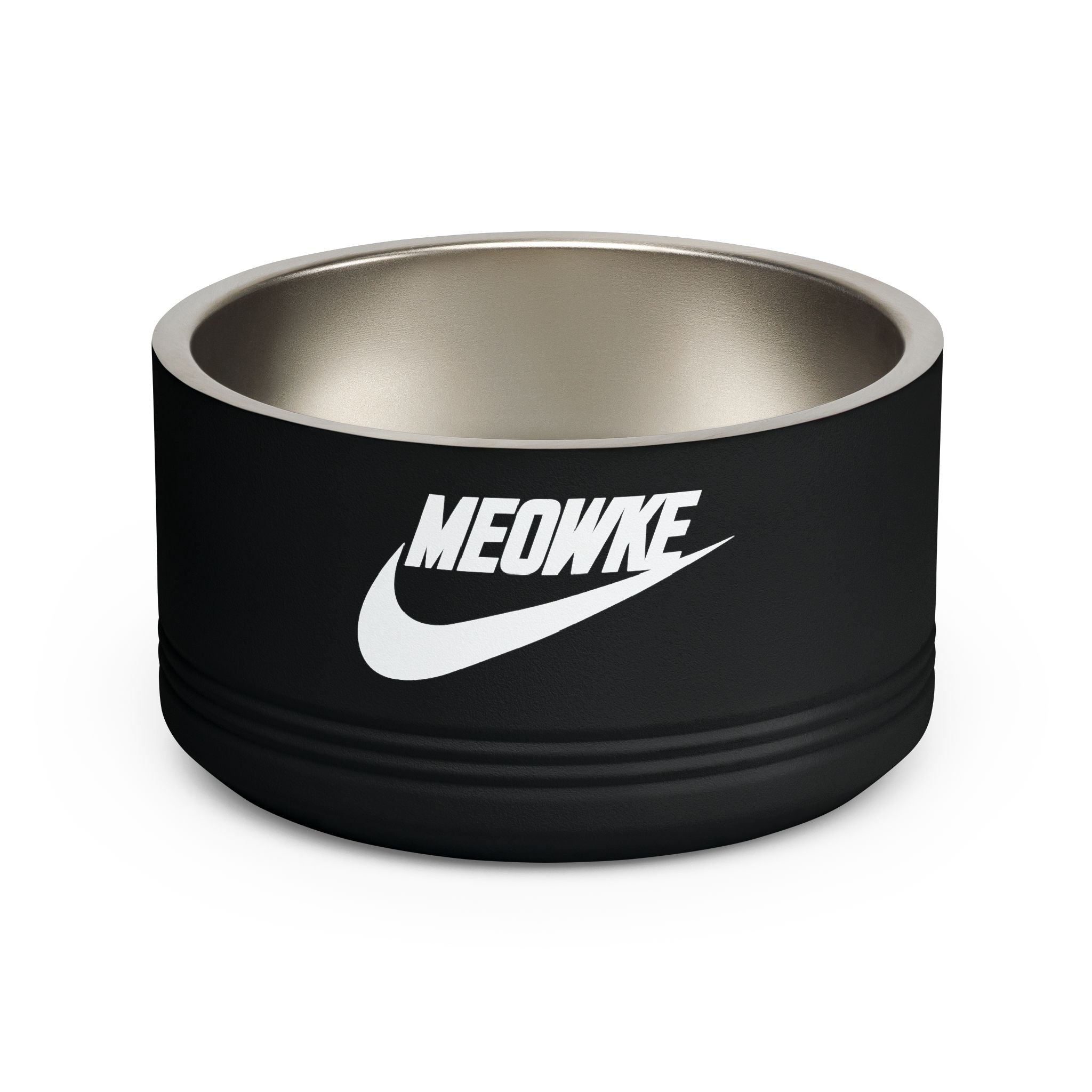 Meowke Logo Stainless Steel Cat Bowl in black, front view